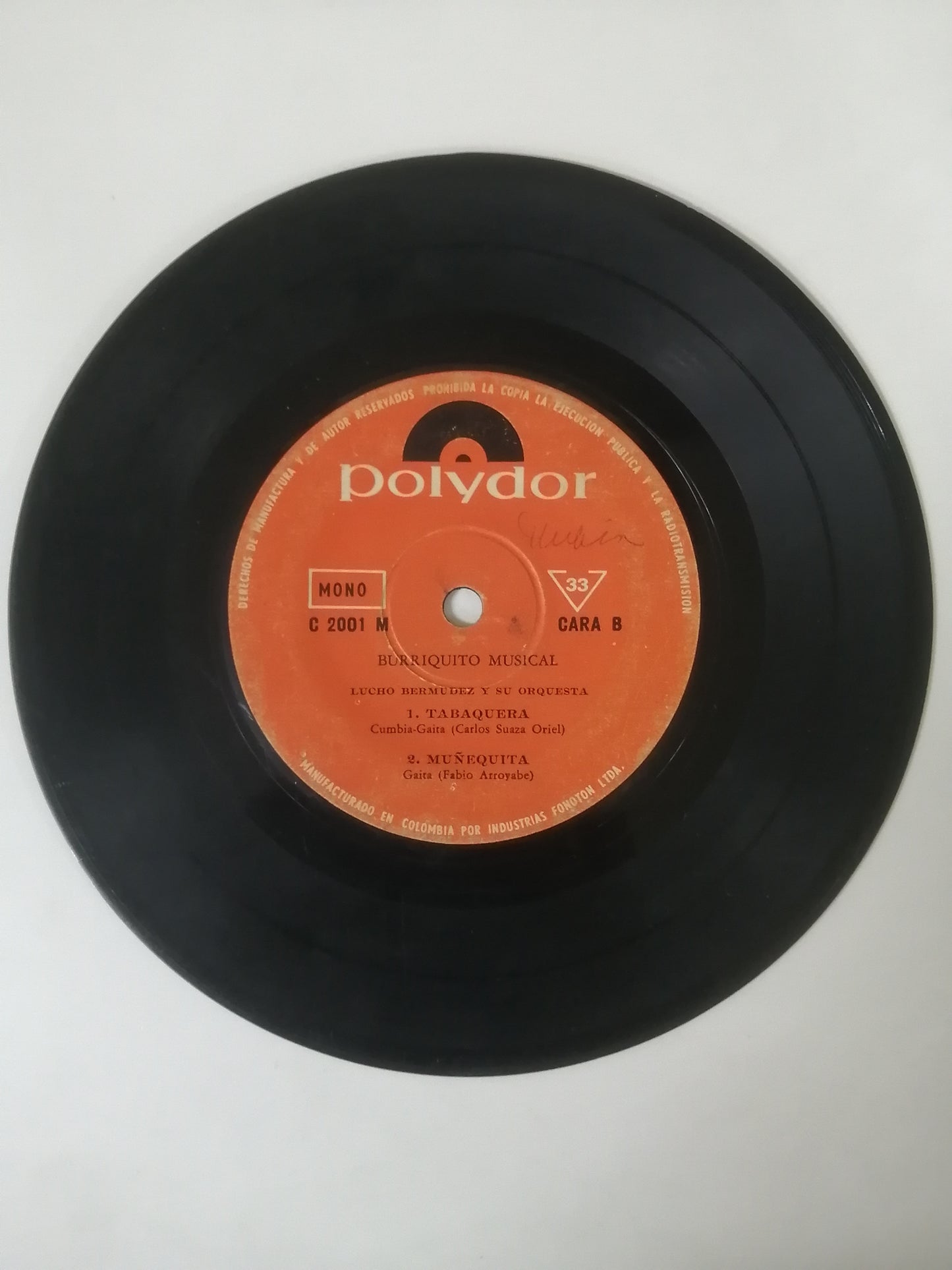 VINILO LUCHO BERMUDEZ Y SU ORQUESTA - BURRIQUITO - LA GAITA DEL CARMEN / TABAQUERA - MUÑEQUITA