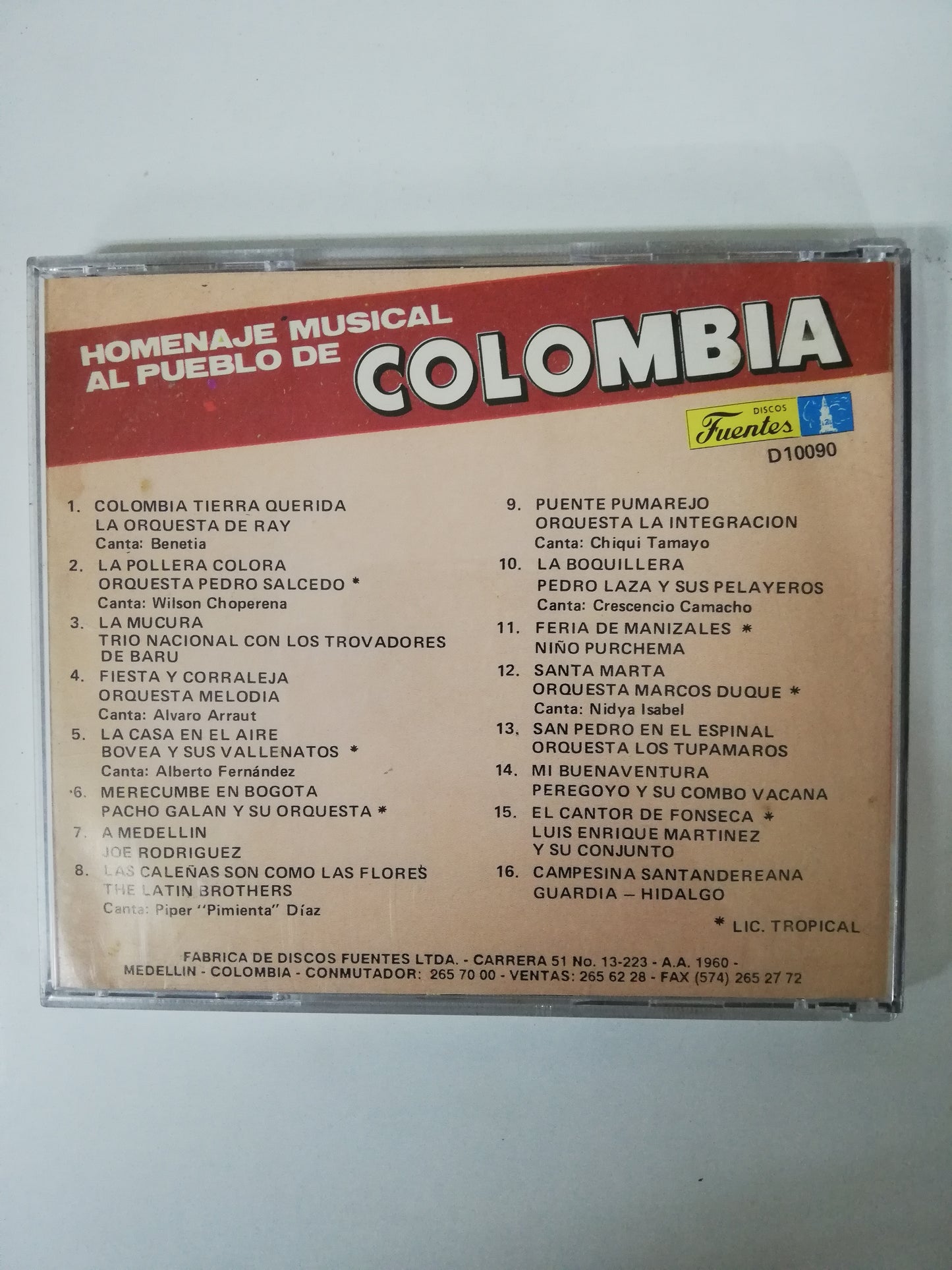 CD HOMENAJE MUSICAL AL PUEBLO DE COLOMBIA - 16 EXITOS PARA TODAS LAS FIESTAS