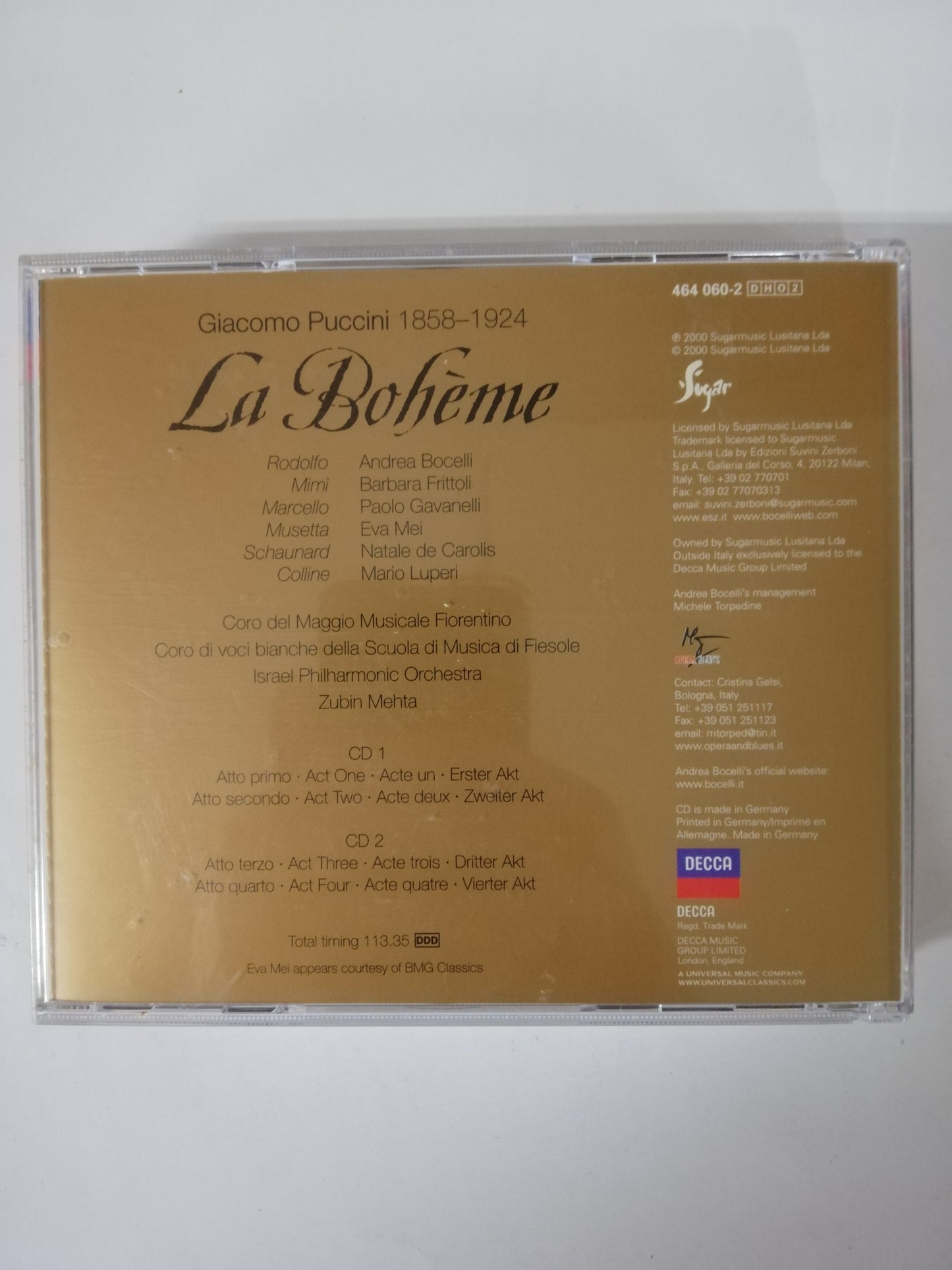 CD ANDREA BOCELLI / BARBARA FRITTOLI WITH ISRAEL PHILHARMONIC ORCHESTRA CONDUCTED BY ZUBIN MEHTA - LA BOHÉME - PUCCINI