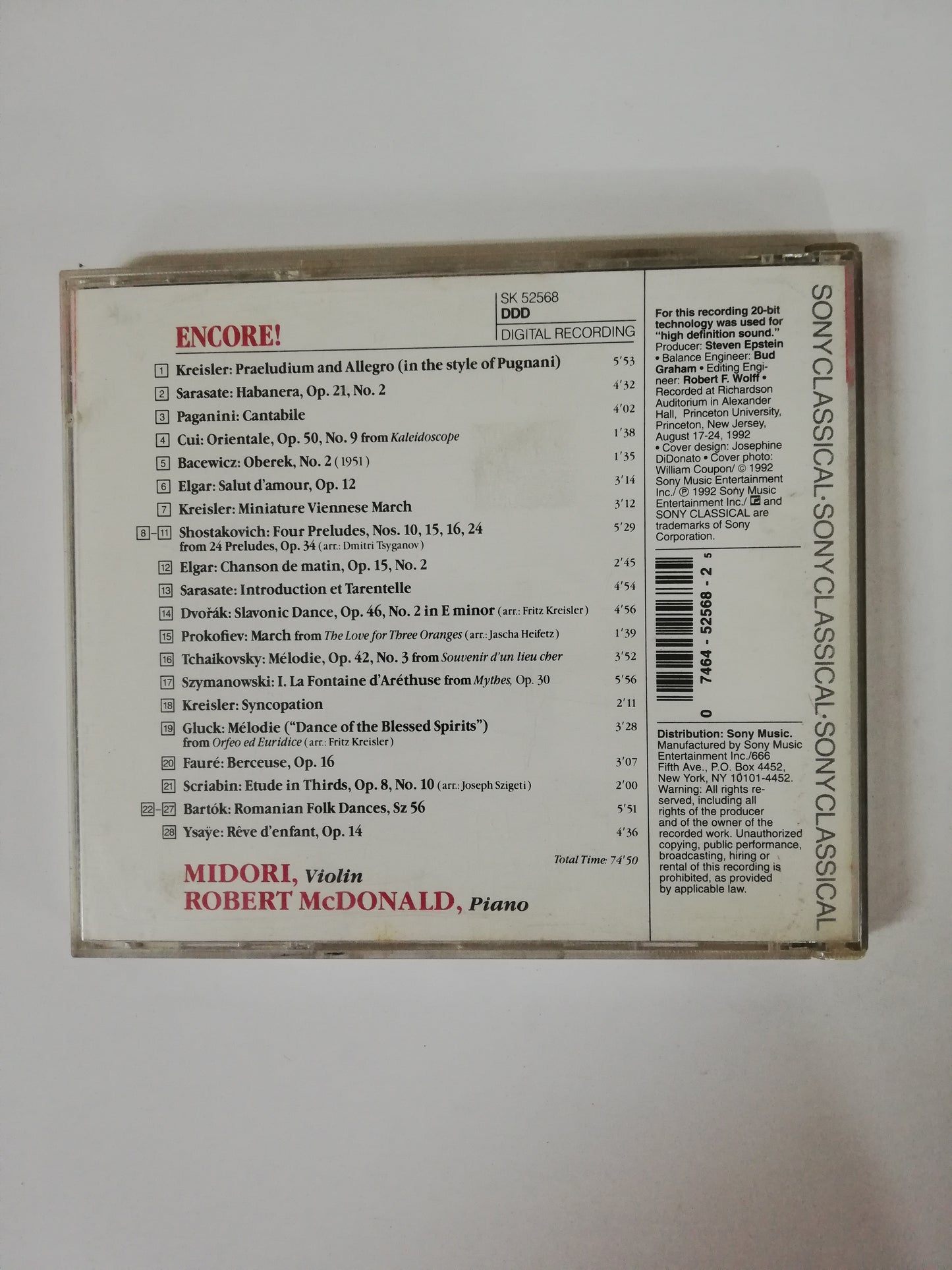 CD MIDORI - ENCORE! - MIDORI: VIOLIN / ROBERT MCDONALD: PIANO