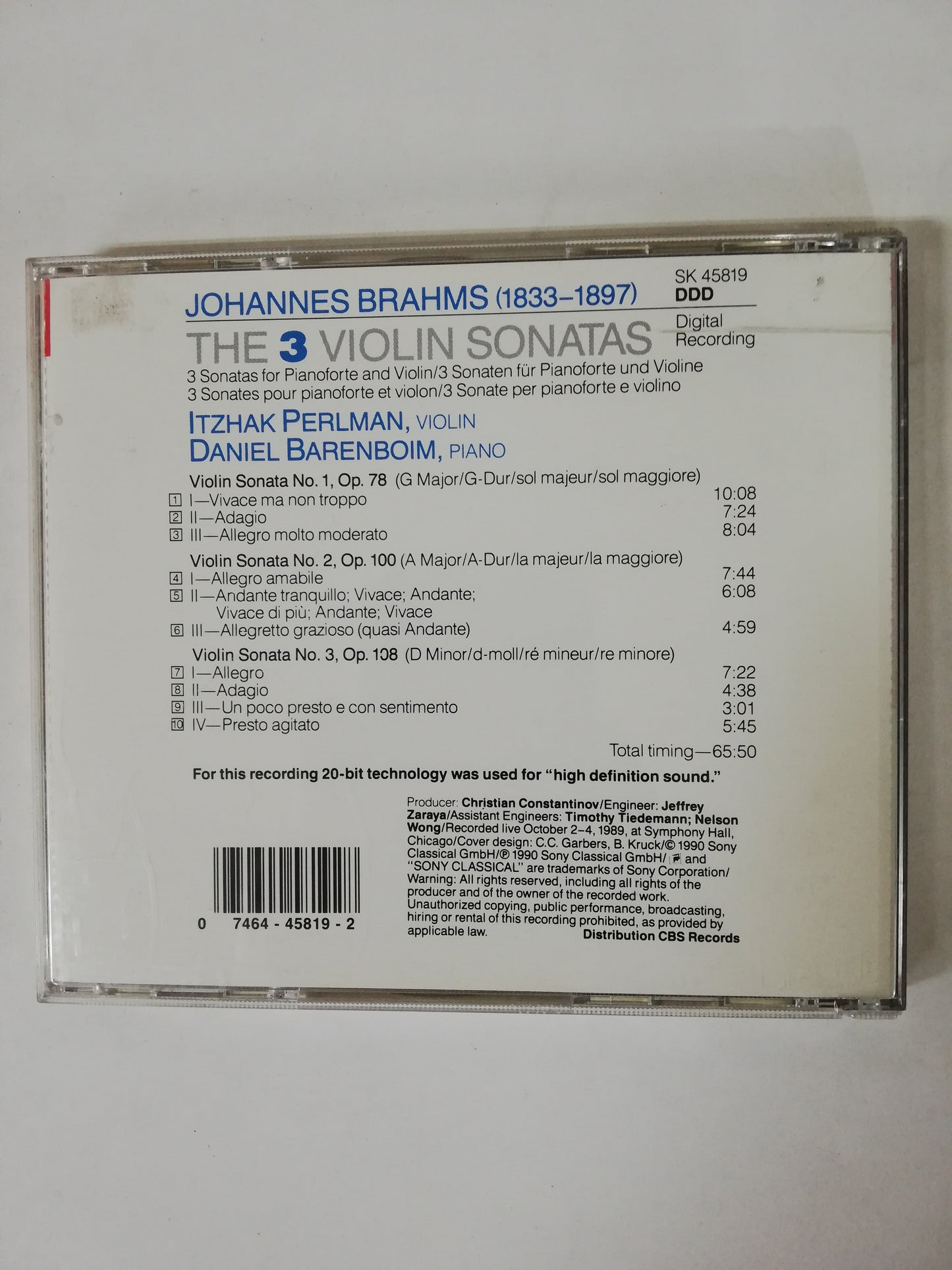 CD ITZHAK PERLMAN: VIOLIN / DANIEL BARENBOIM: PIANO - BRAHMS THE 3 VIOLIN SONATAS