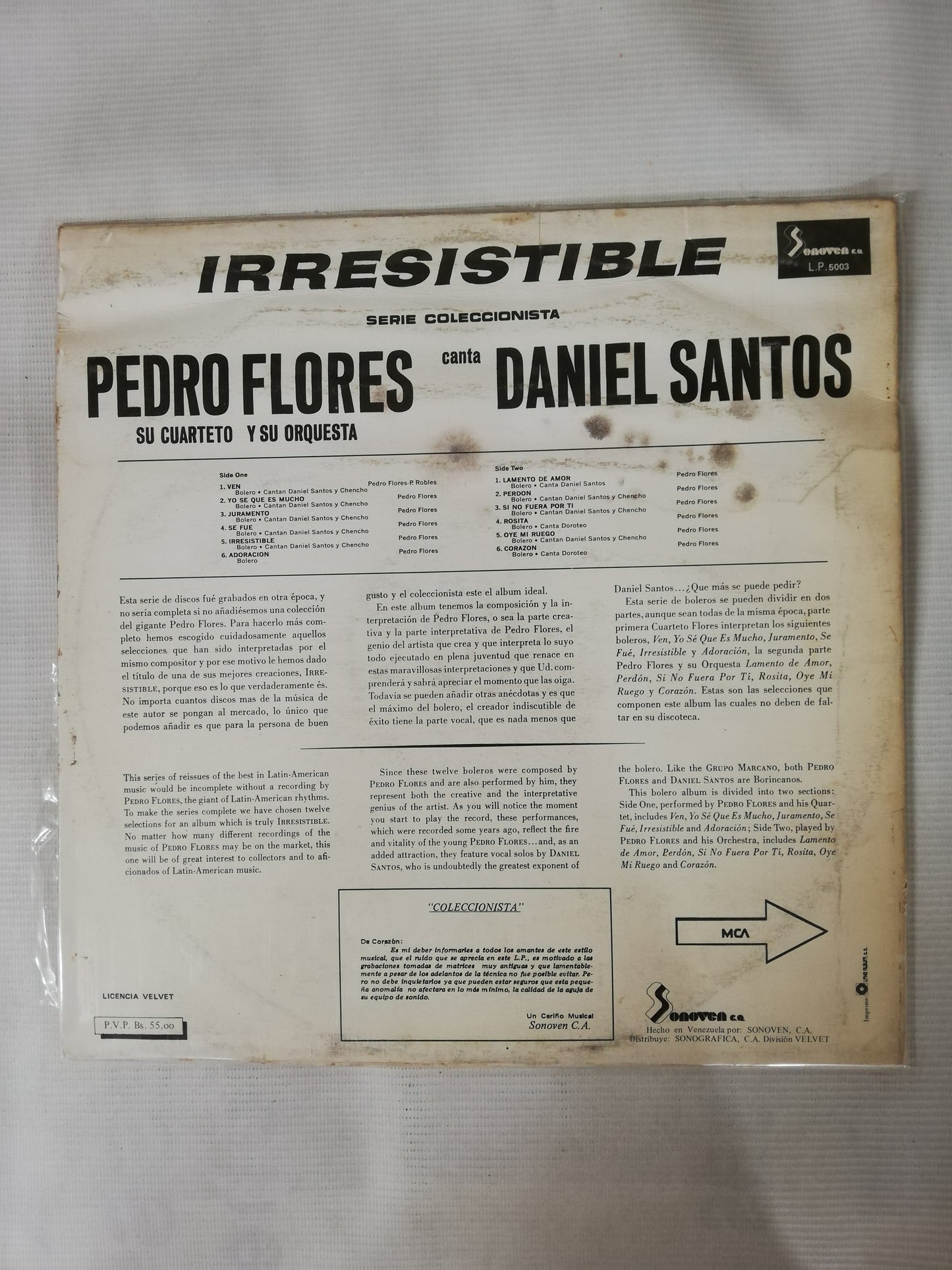 LP PEDRO FLORES SU CUARTETO Y SU ORQUESTA - CANTA: DANIEL SANTOS - IRRESISTIBLE