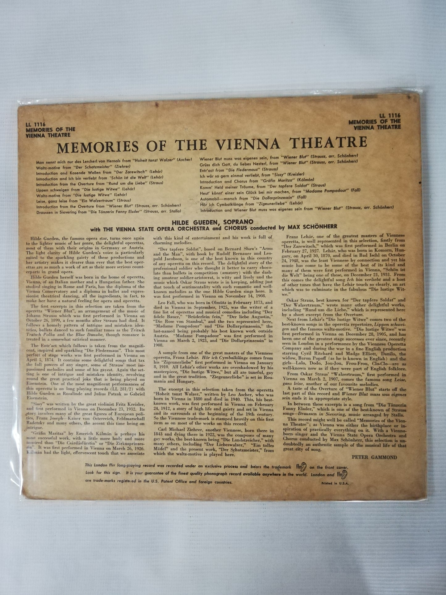 LP HILDE GUEDEN WITH THE VIENNA STATE OPERA ORCHESTRA CONDUCTED BY MAX SCHÖNHERR - MEMORIES OF THE VIENNA THEATRE