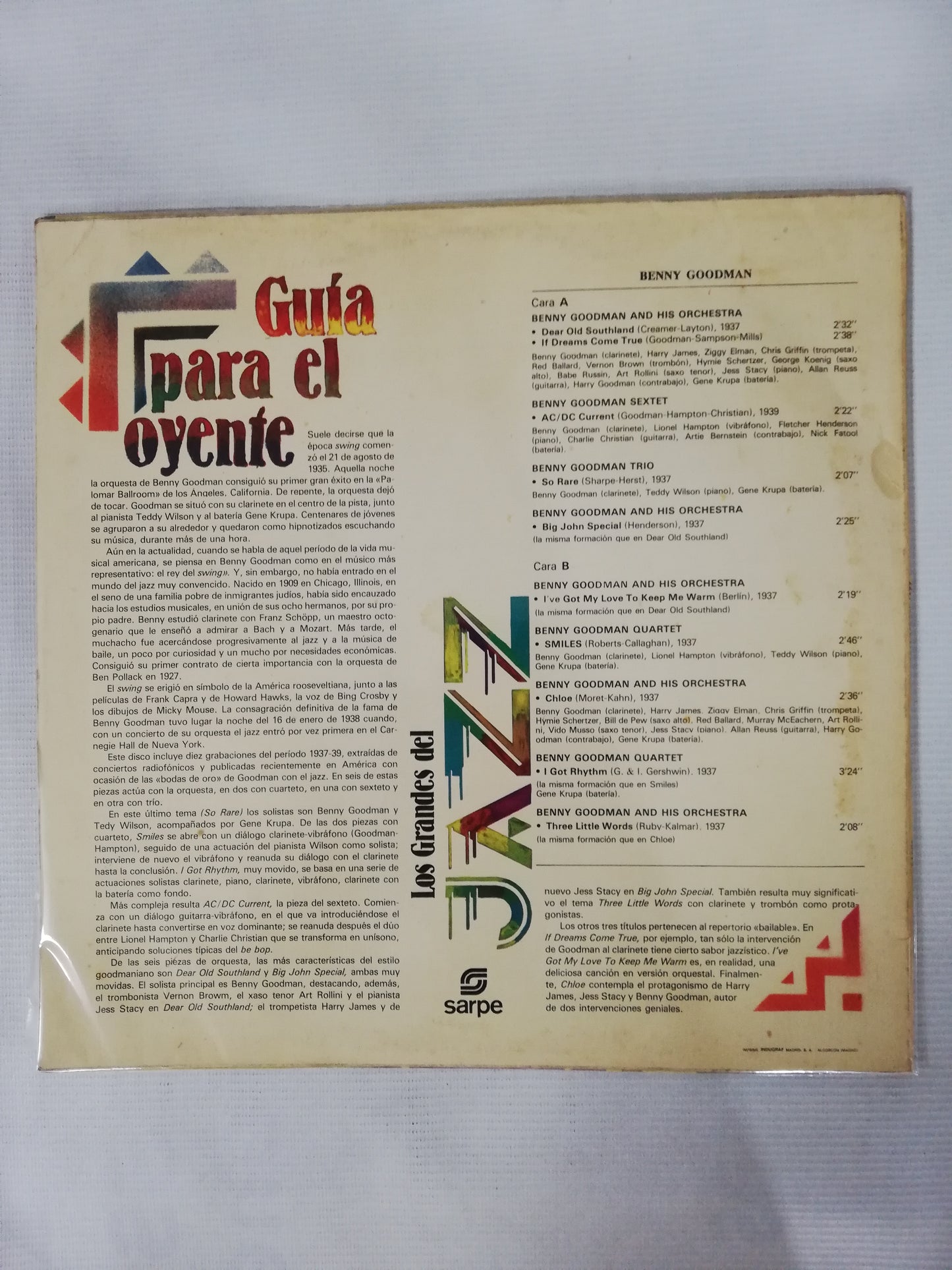 LP BENNY GOODMAN / LIONEL HAMPTON / TEDDY WILSON / GENE KRUPA / CHARLIE CHRISTIAN - LOS GRANDES DEL JAZZ VOL. 4