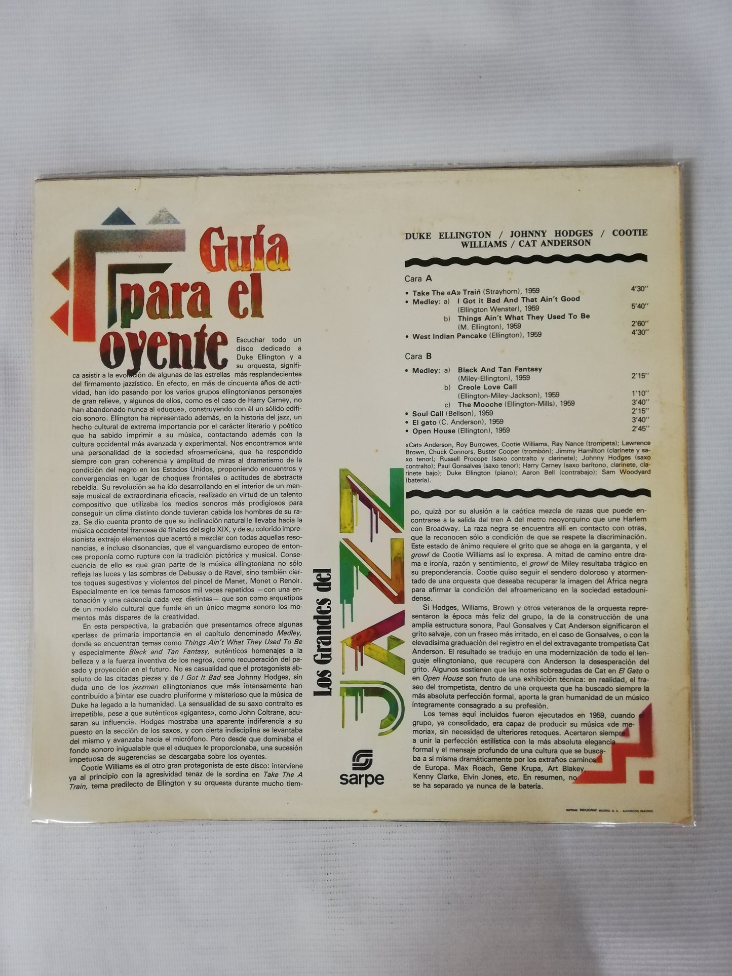 LP DUKE ELLINGTON / JOHNNY HODGES / COOTIE WILLIAMS / CAT ANDERSON - LOS GRANDES DEL JAZZ VOL. 12