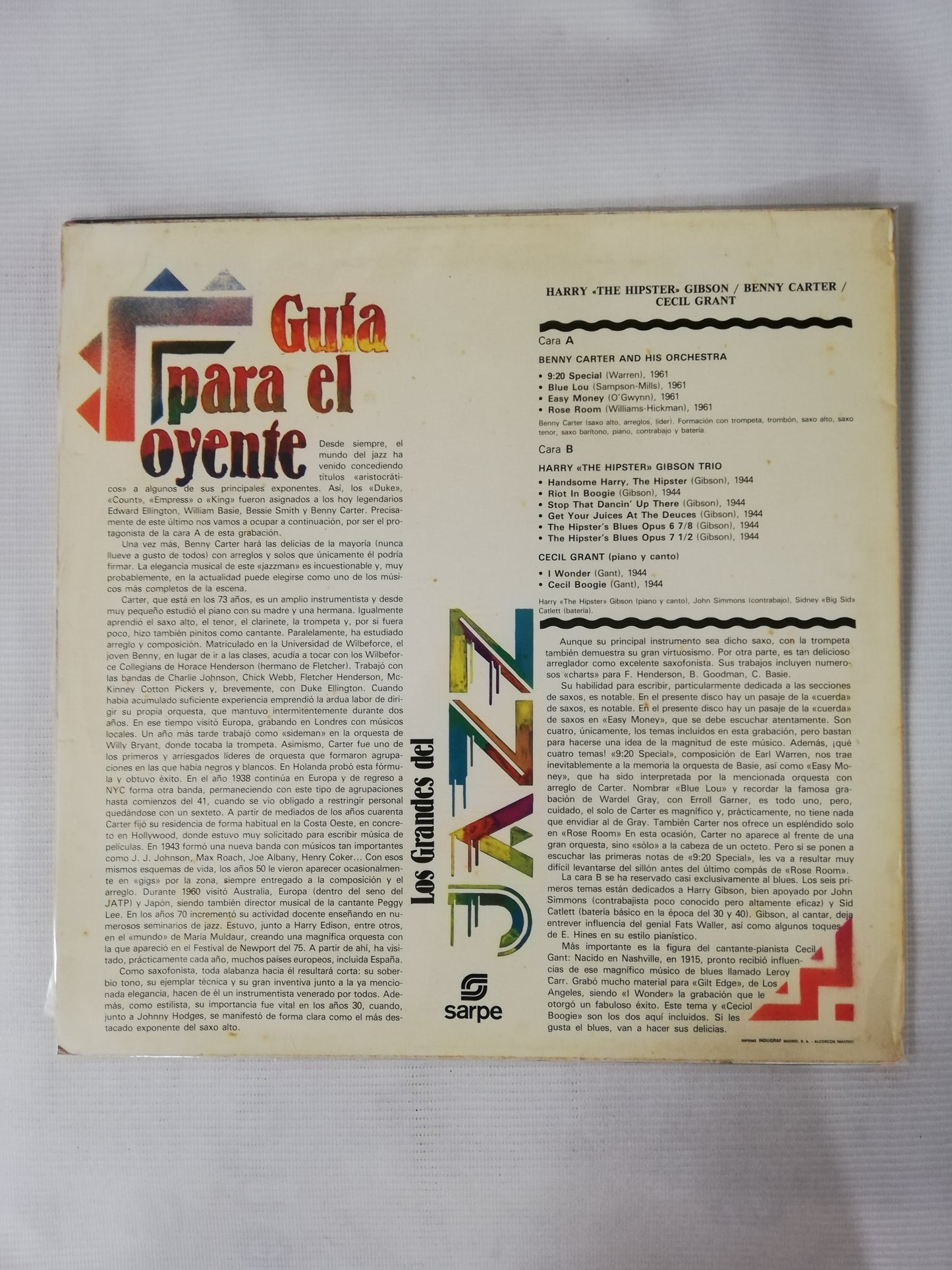 LP HARRY "THE HYPSTER" GIBSON / CECIL GANT / BENNY CARTER - LOS GRANDES DEL JAZZ VOL. 26