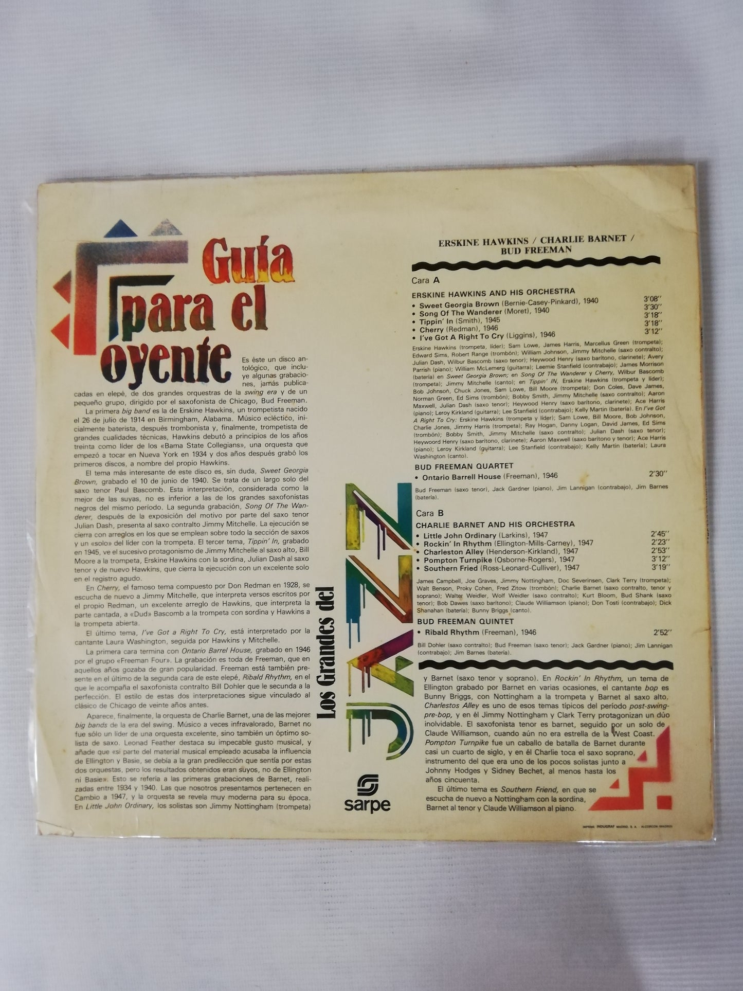 LP ERSKINE HAWKING / CHARLIE BARNET / BUD FREEMAN - LOS GRANDES DEL JAZZ VOL. 34