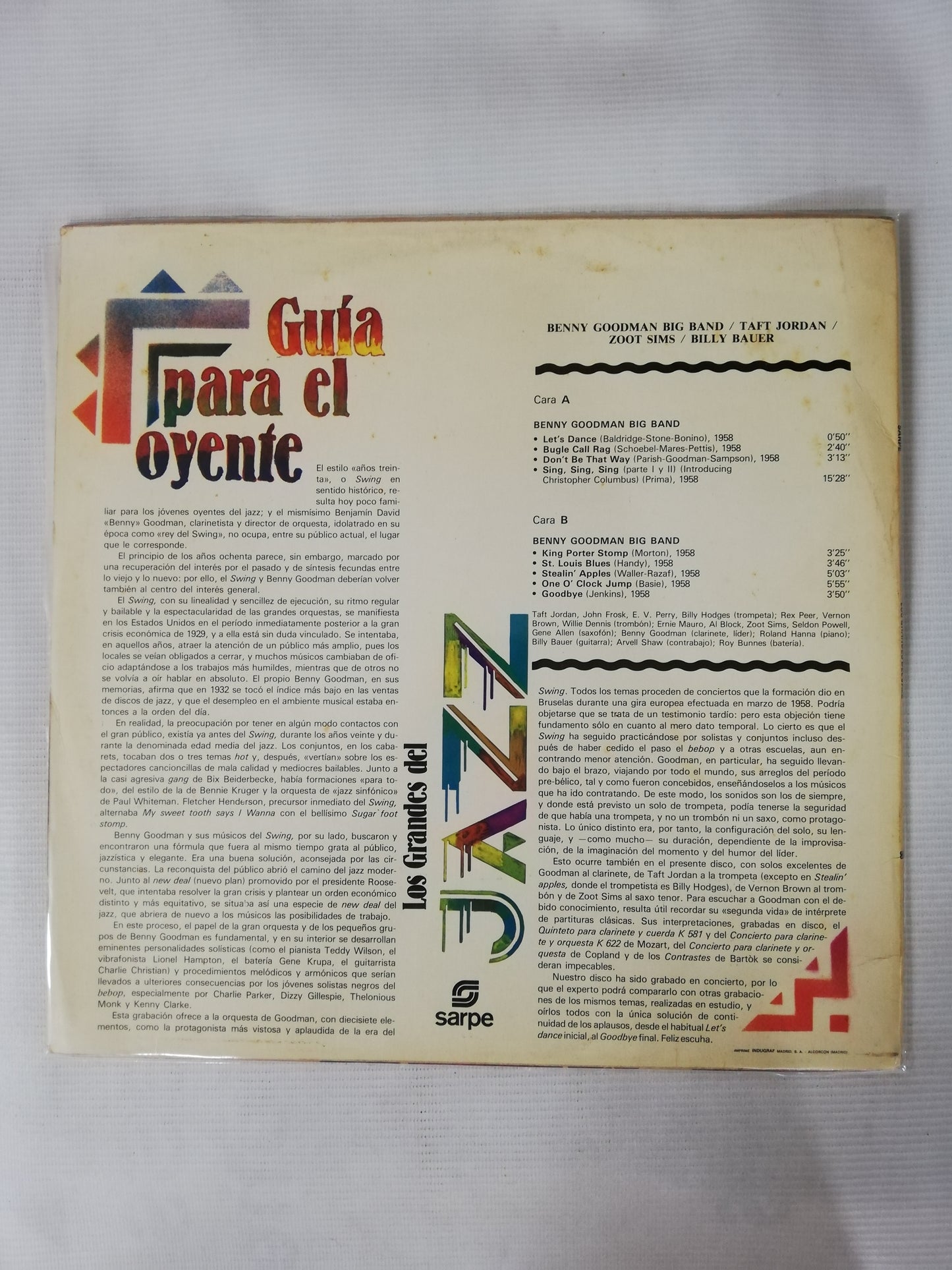 LP BENNY GOODMAN BIG BAND / TAFF JORDAN / ZOOF SIMS / BILLY BAUER - LOS GRANDES DEL JAZZ VOL. 38