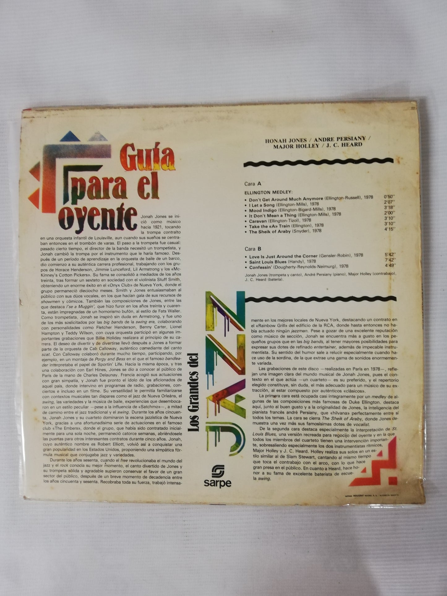 LP JONAH JONES / MAJOR HOLLEY / ANDRÉ PERSIANY / J.C. HEARD - LOS GRANDES DEL JAZZ VOL. 62