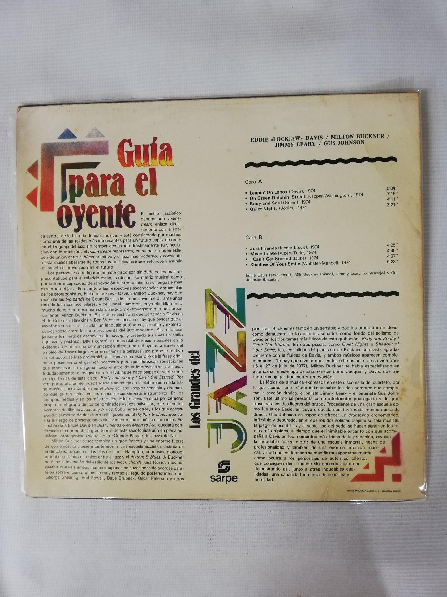 LP EDDIE "LOCKJAW" DAVIS / MILTON BUCKNER / JIMMY LEARY / GUS JOHNSON - LOS GRANDES DEL JAZZ VOL. 70