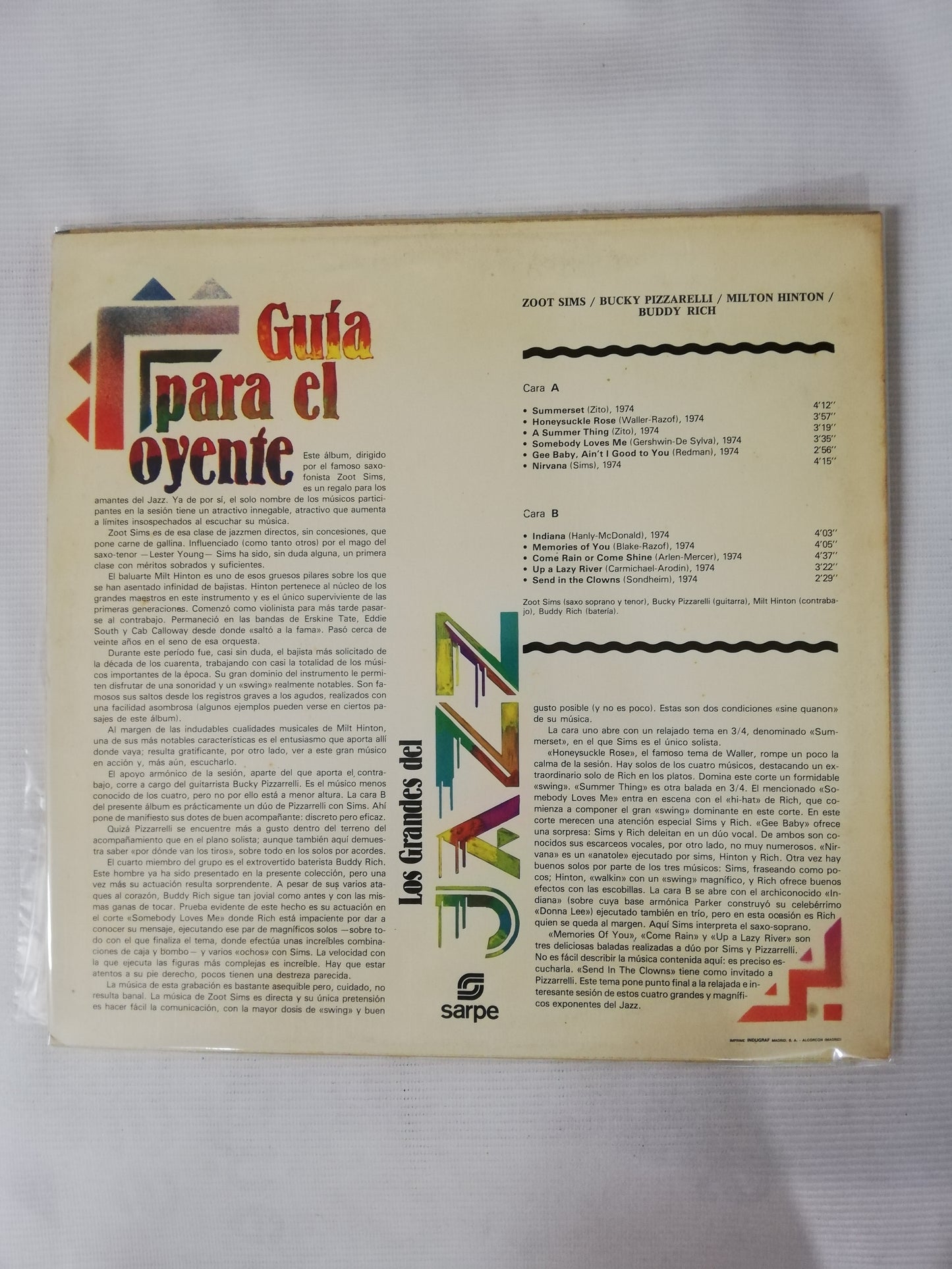 LP BUCKY PIZZARELLI / ZOOT SIMS / BUDDY RICH / MILTON HINTON - LOS GRANDES DEL JAZZ VOL. 73