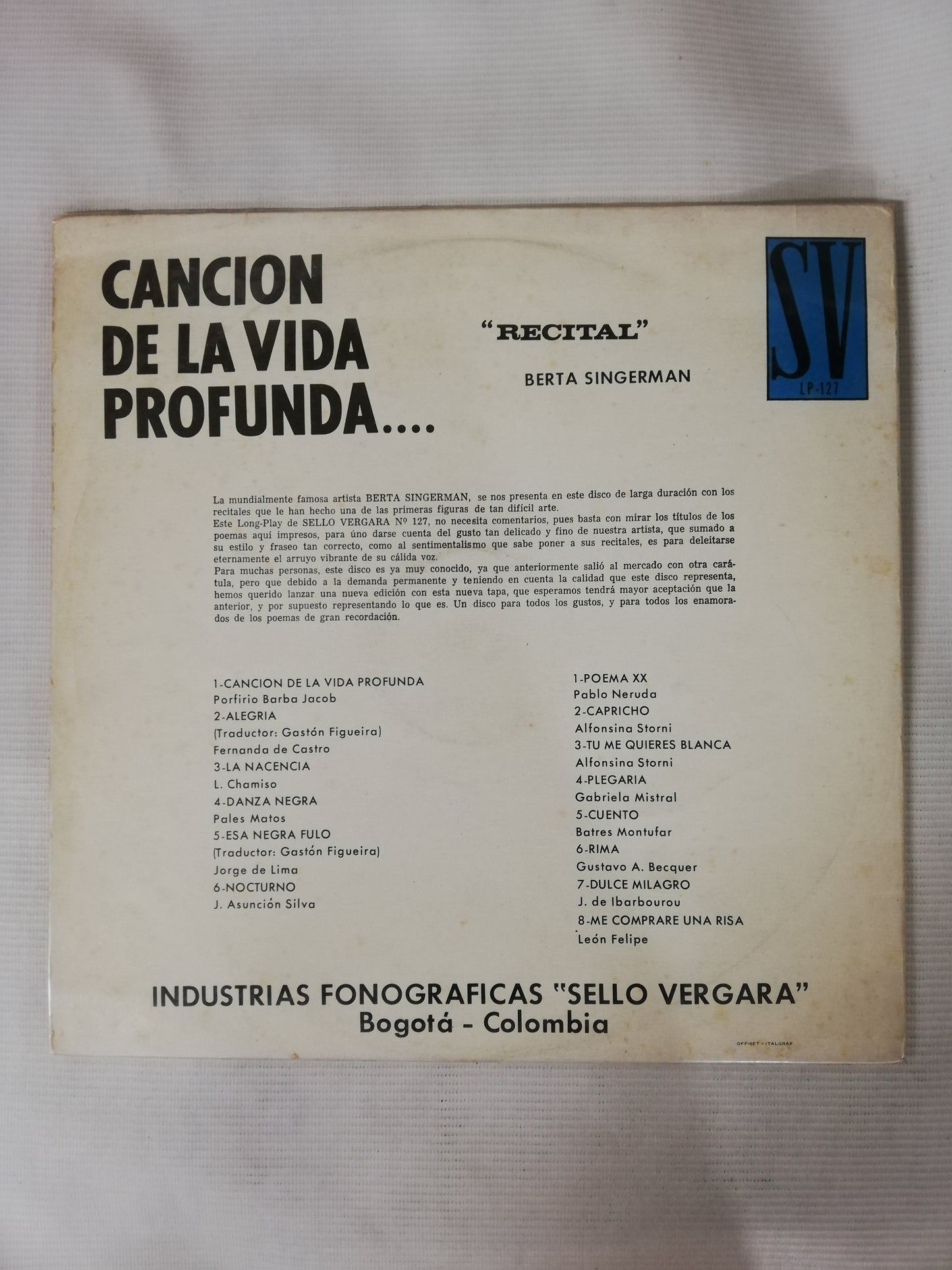 LP BERTA SINGERMAN - RECITAL - CANCIÓN DE LA VIDA PROFUNDA...