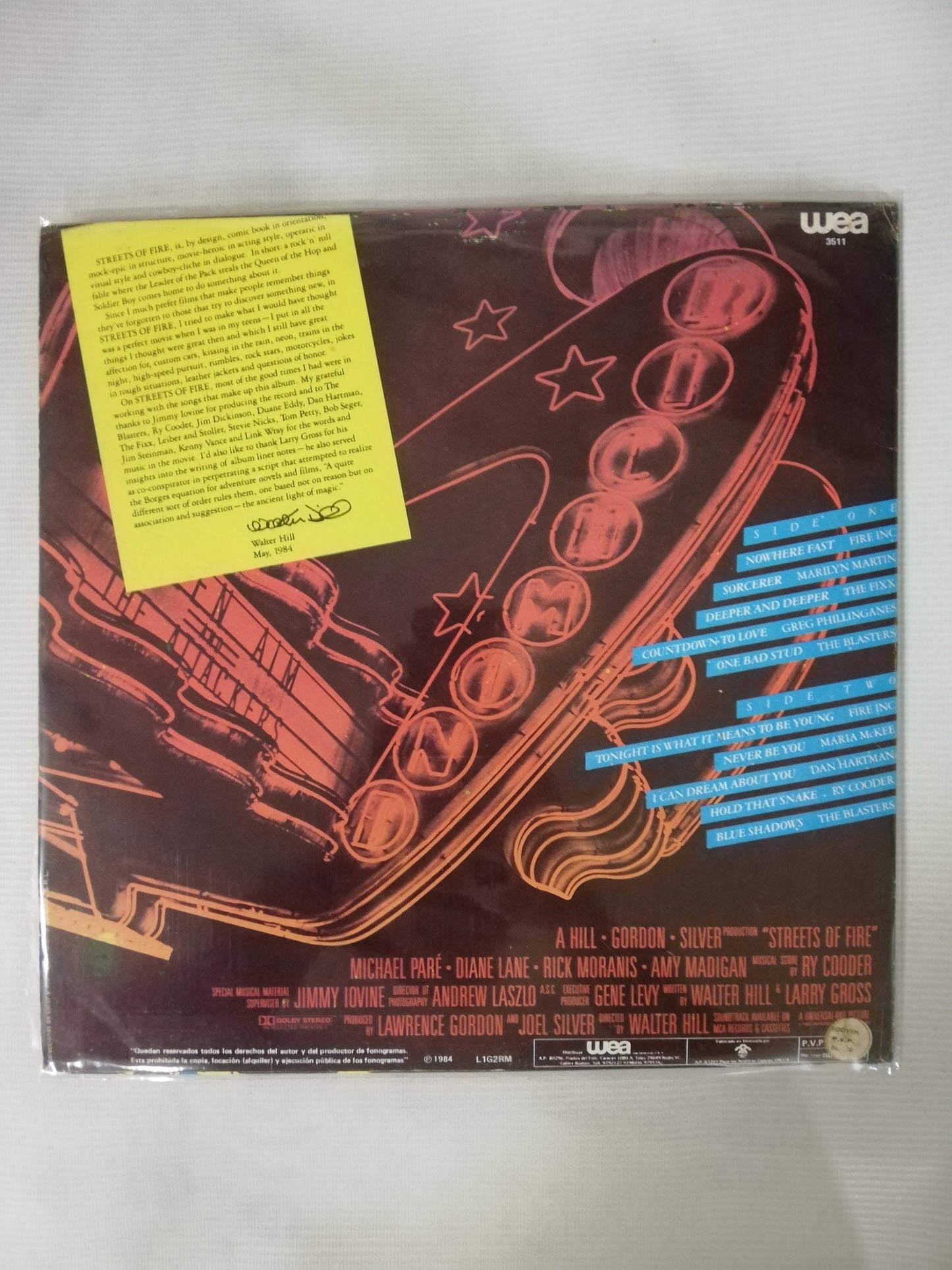 LP STREETS OF FIRE - MUSIC OF THE ORIGINAL MOTION PICTURE SOUNDTRACK