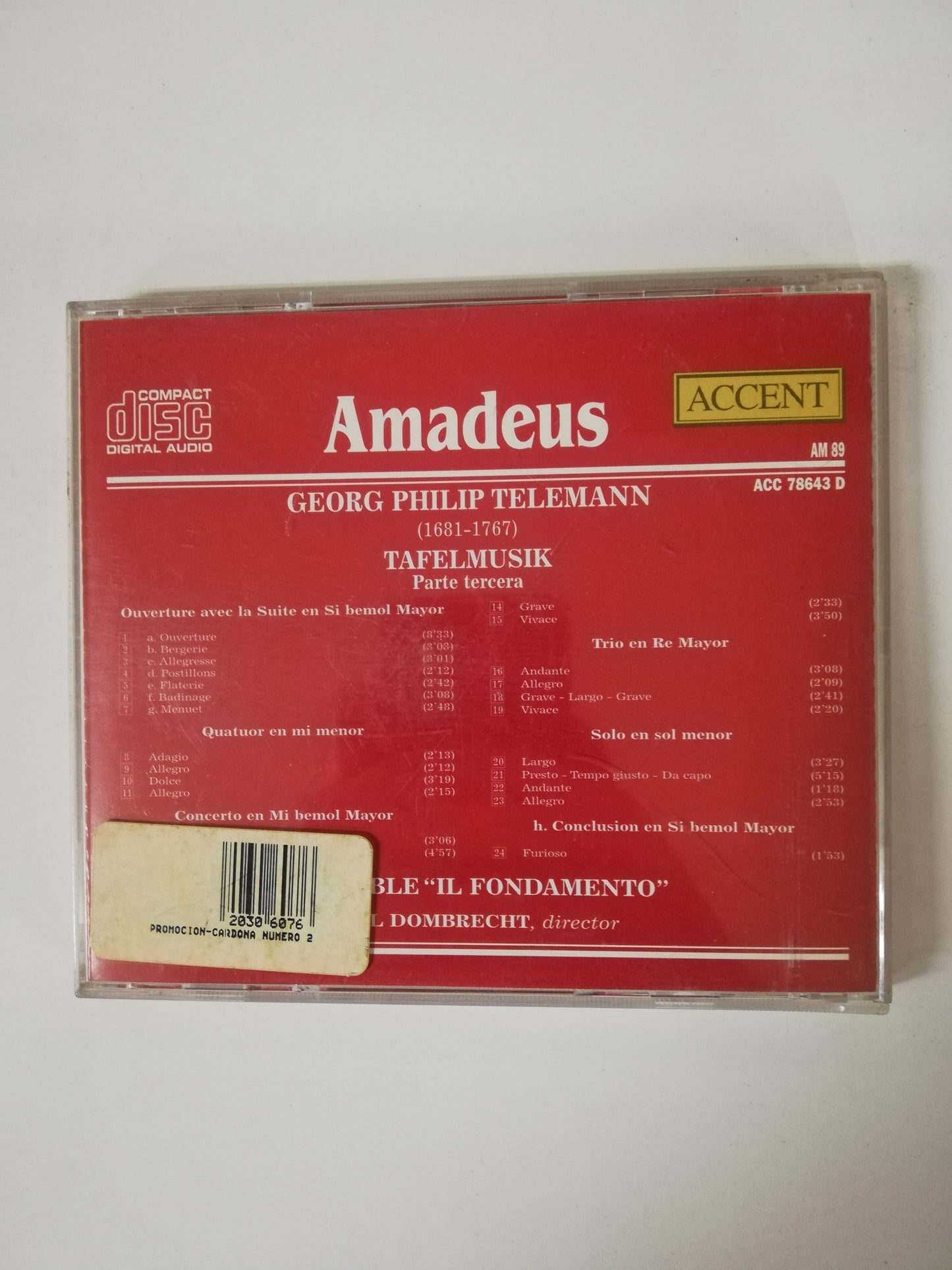 CD TELEMANN - TAFELMUSIK - ENSEMBLE "II FONDAMENTO" PAUL DOMBREECHT: DIRECTOR