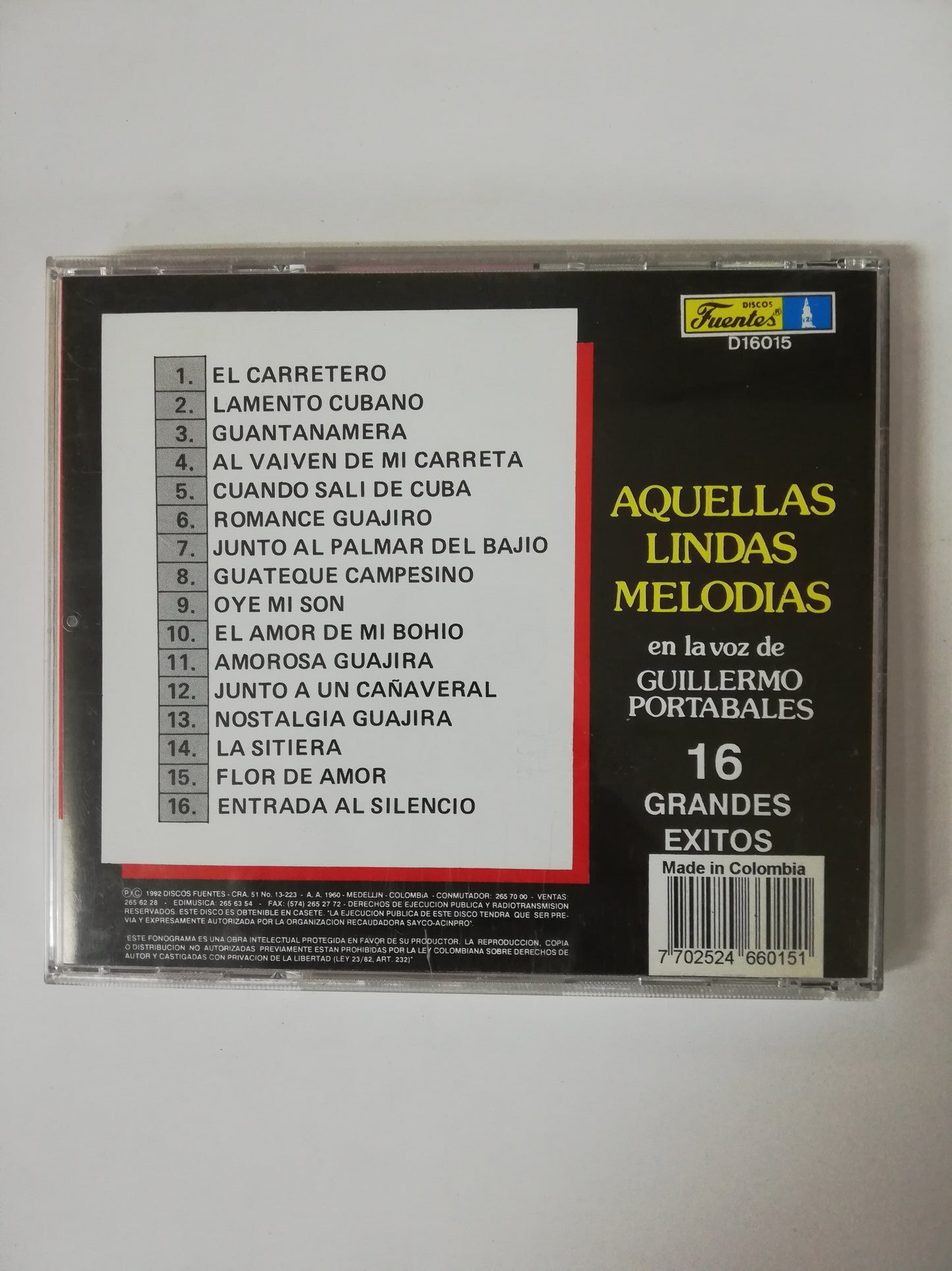 CD GUILLERMO PORTABALES - AQUELLAS LINDAS MELODIAS EN LA VOZ DE PORTABALES - 16 GRANDES EXITOS ORIGINALES