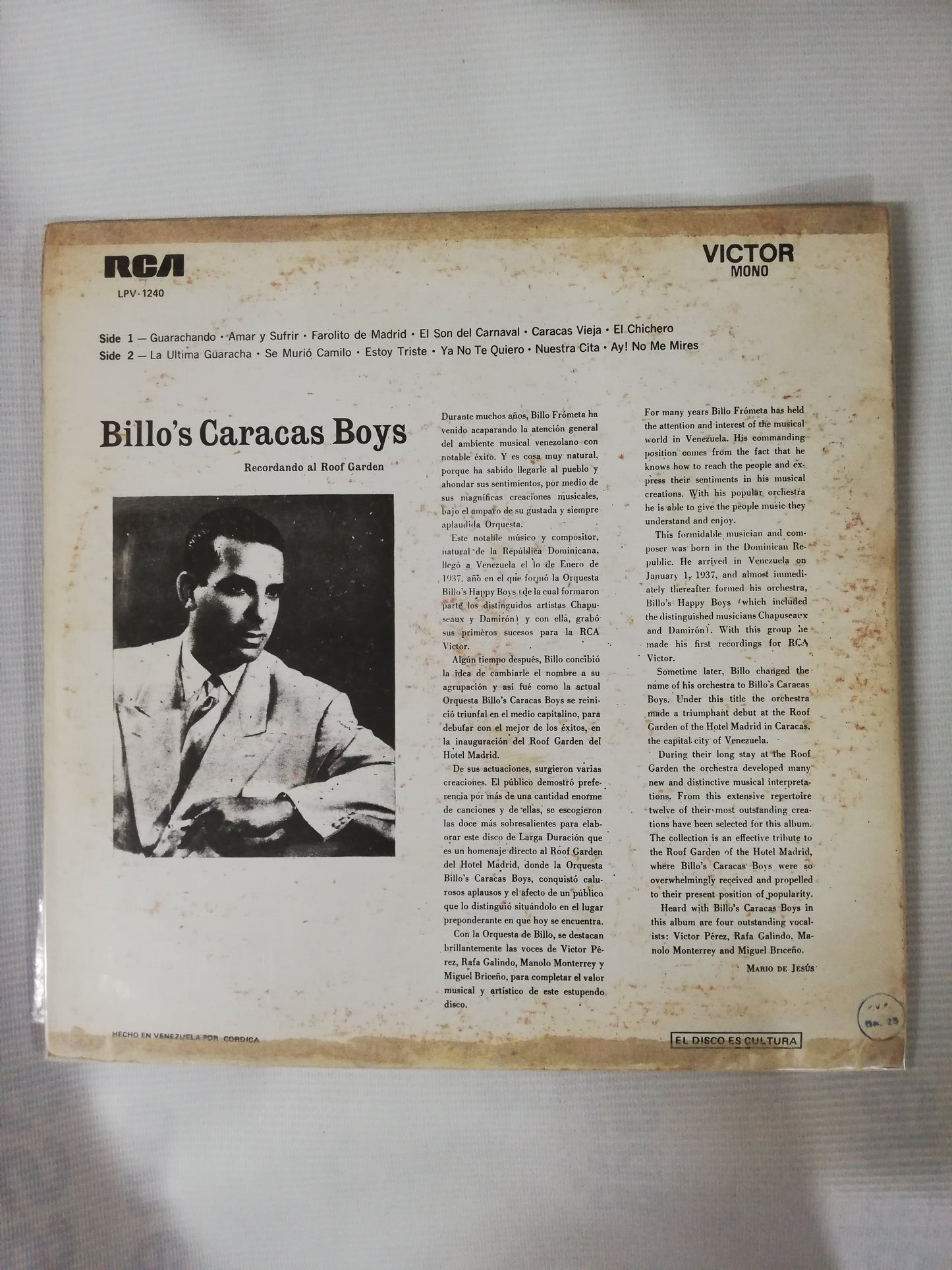 LP BILLO´S CARACAS BOYS - RECORDANDO AL ROOF GARDEN