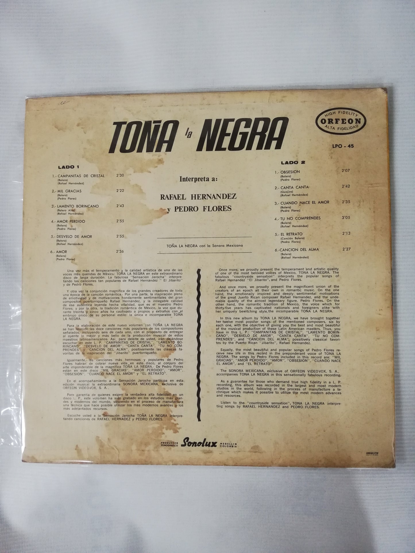 LP TOÑA LA NEGRA - TOÑA LA NEGRA INTERPRETA A RAFAEL HERNANDEZ Y PEDRO FLORES
