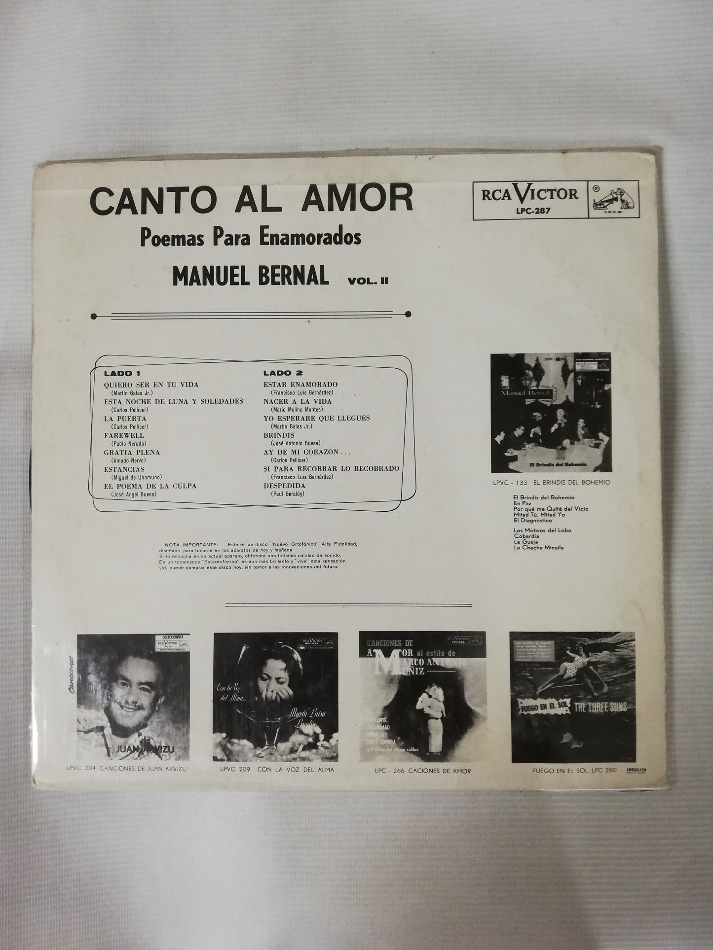 LP MANUEL BERNAL - CANTO AL AMOR: POEMAS PARA ENAMORADOS VOL. II