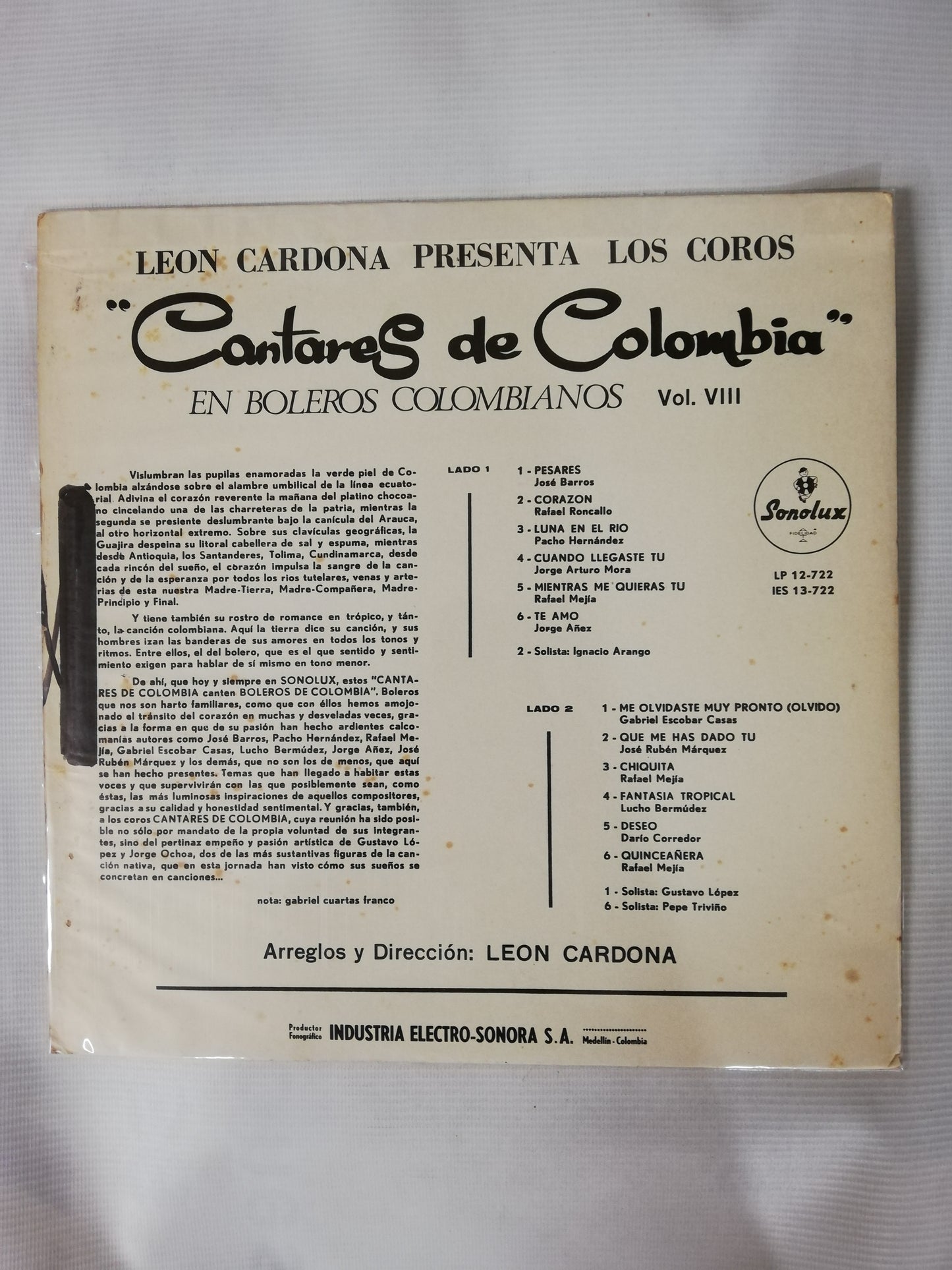 LP COROS CANTARES DE COLOMBIA - EN BOLEROS COLOMBIANOS VOL. VIII