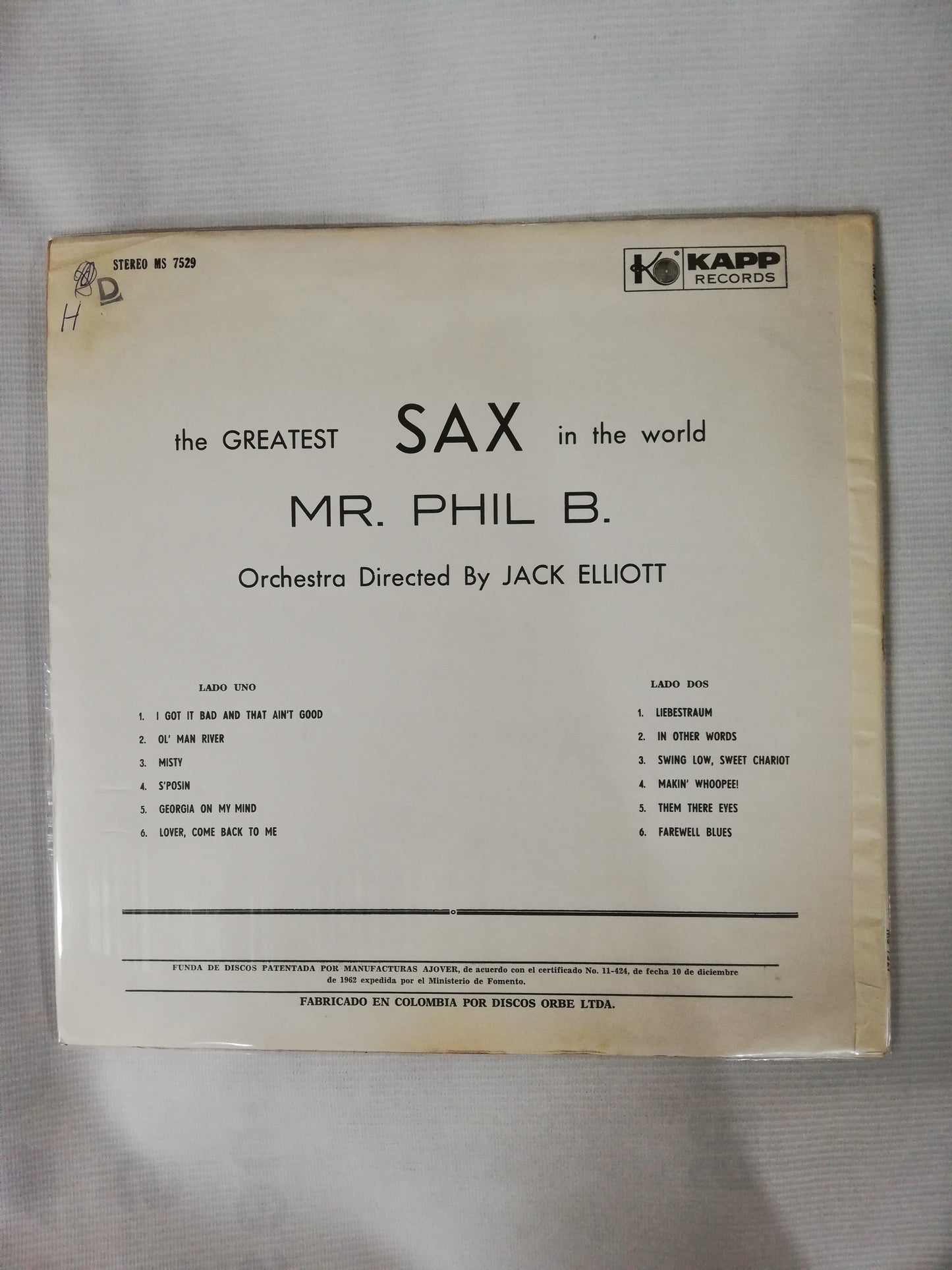 LP MR. PHIL B. ORCHESTRA DIRECTED BY JACK ELLIOTT - THE GREATEST SAX IN THE WOLRD