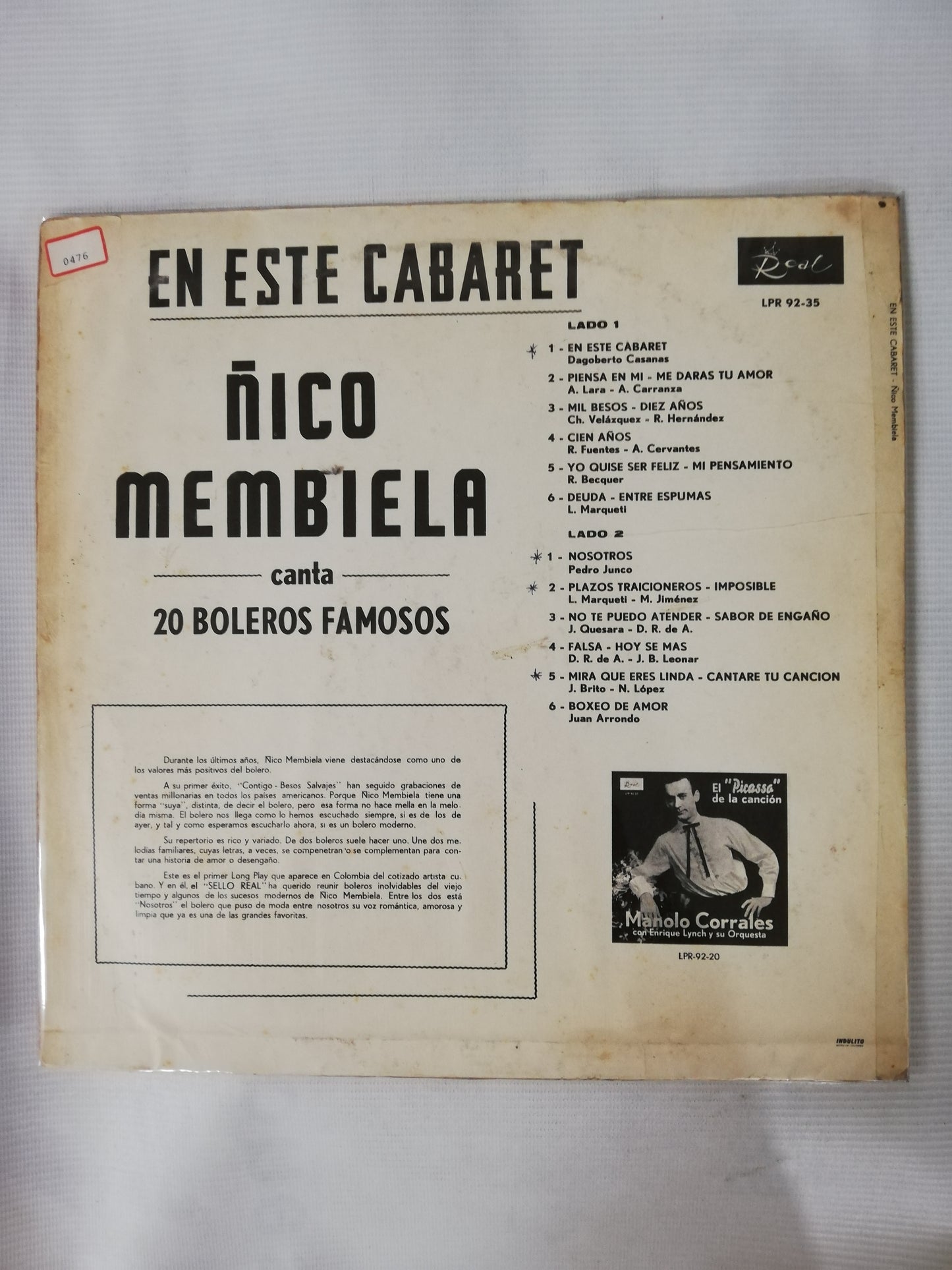 LP ÑICO MEMBIELA - EN ESTE CABARET: CANTA 20 BOLEROS FAMOSOS
