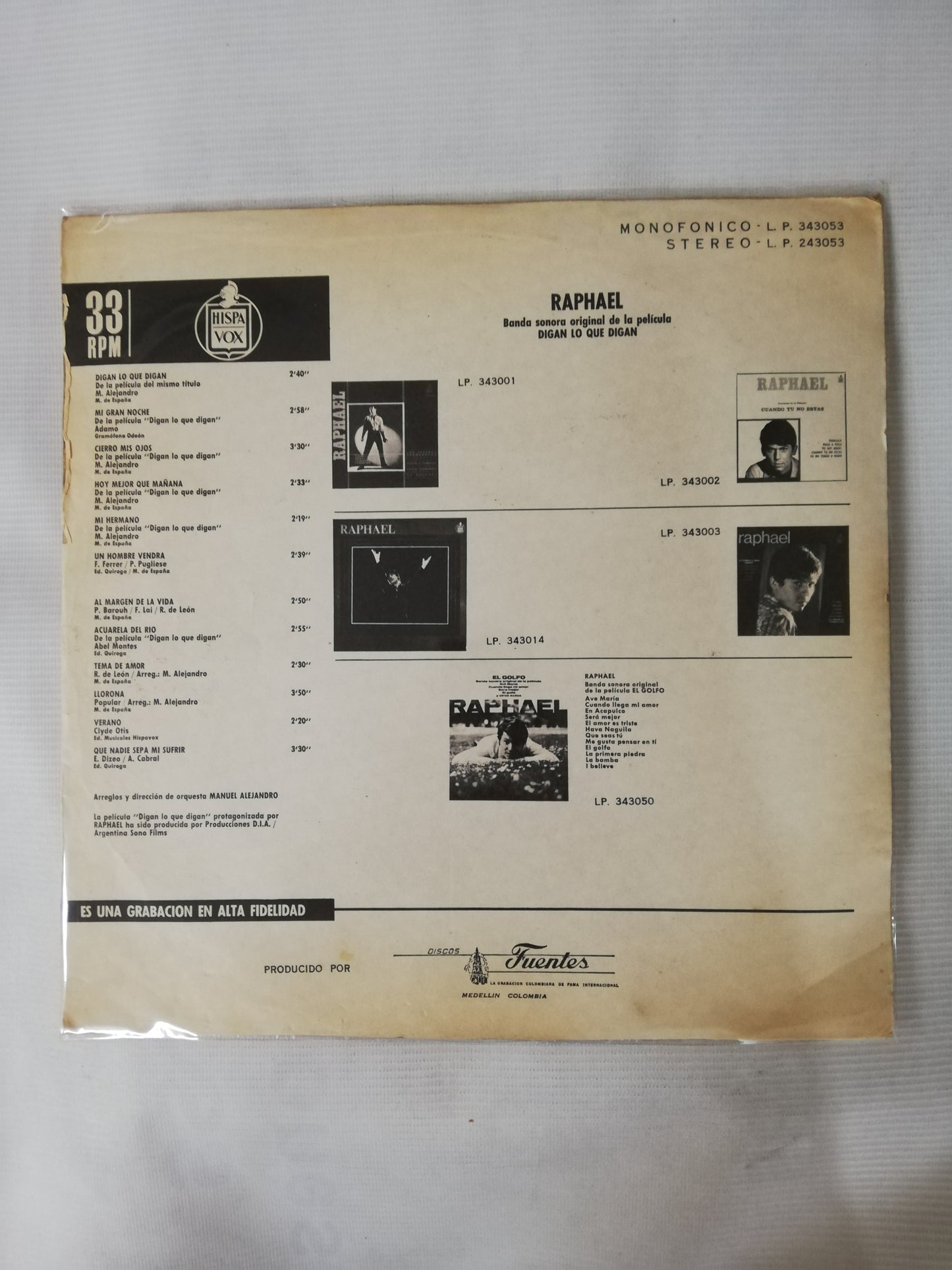 LP RAPHAEL - BANDA SONORA ORIGINAL DE LA PELICULA DIGAN LO QUE DIGAN