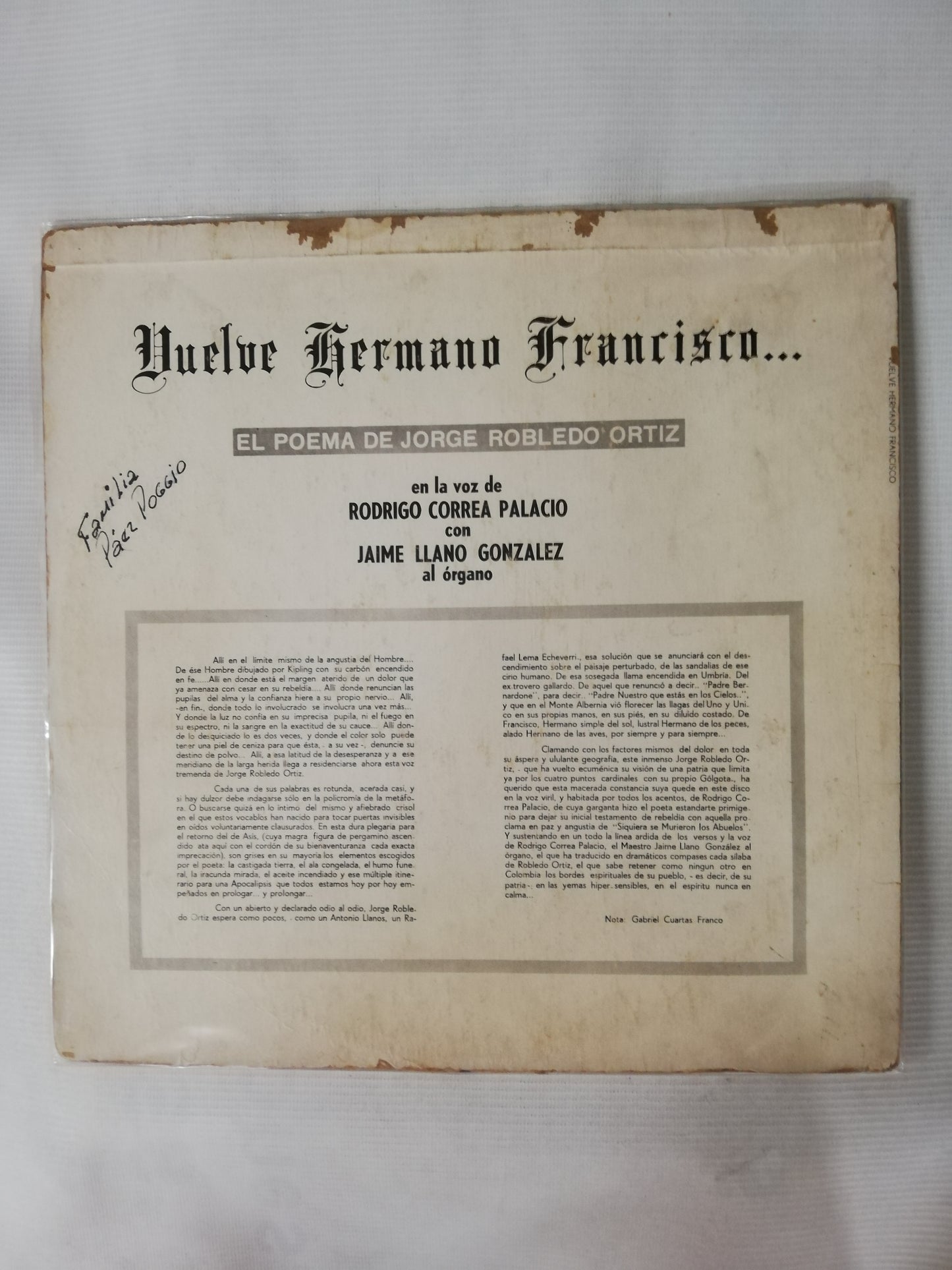 LP RODRIGO CORREA PALACIO CON JAIME LLANO GONZALEZ - VUELVE HERMANO FRANCISCO...EL POEMA DE JORGE ROBLEDO ORTIZ