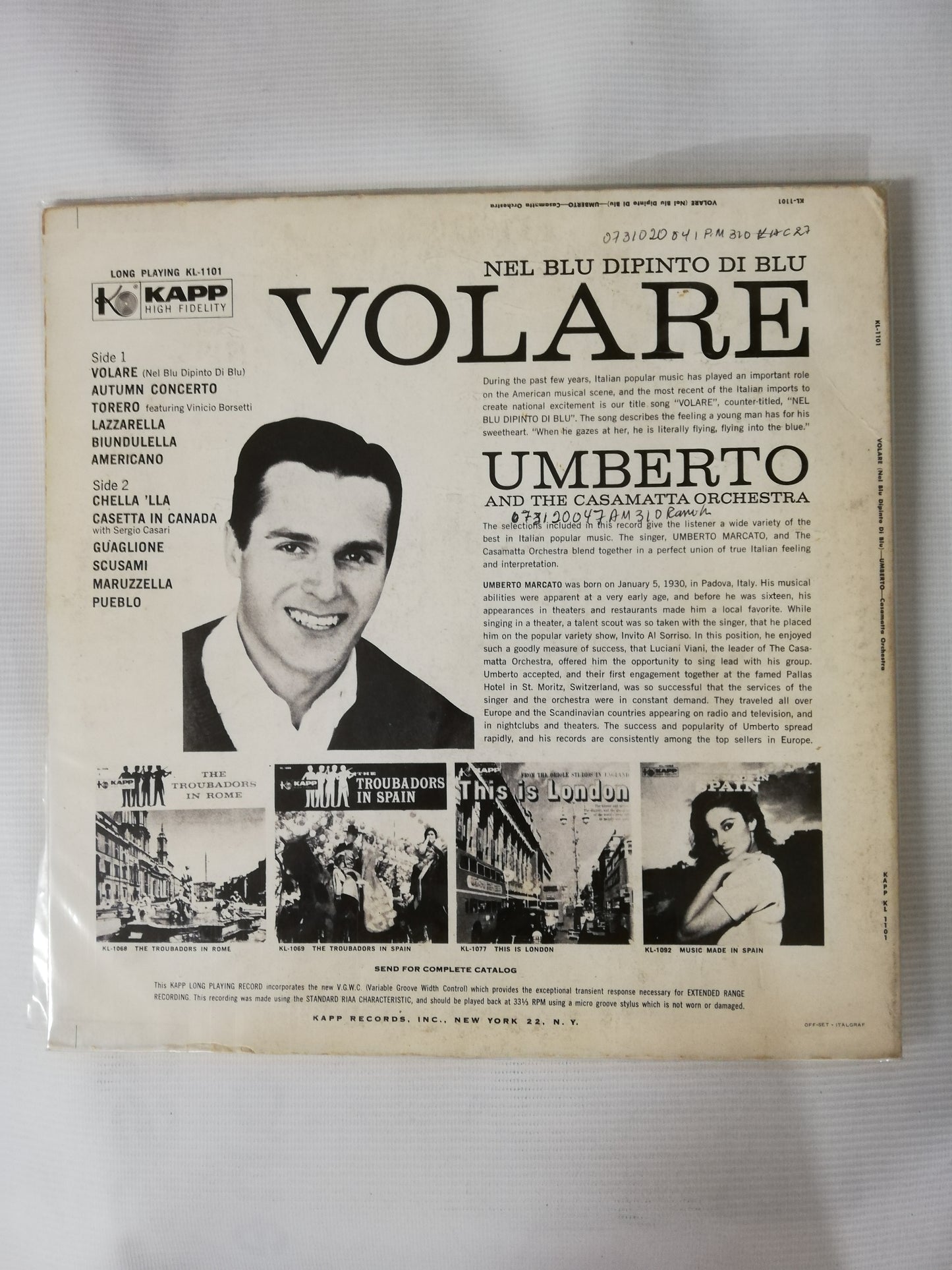 LP UMBERTO AND THE CASAMATTA ORCHESTRA - VOLARE AND THESE FABULOUS ITALIAN HITS