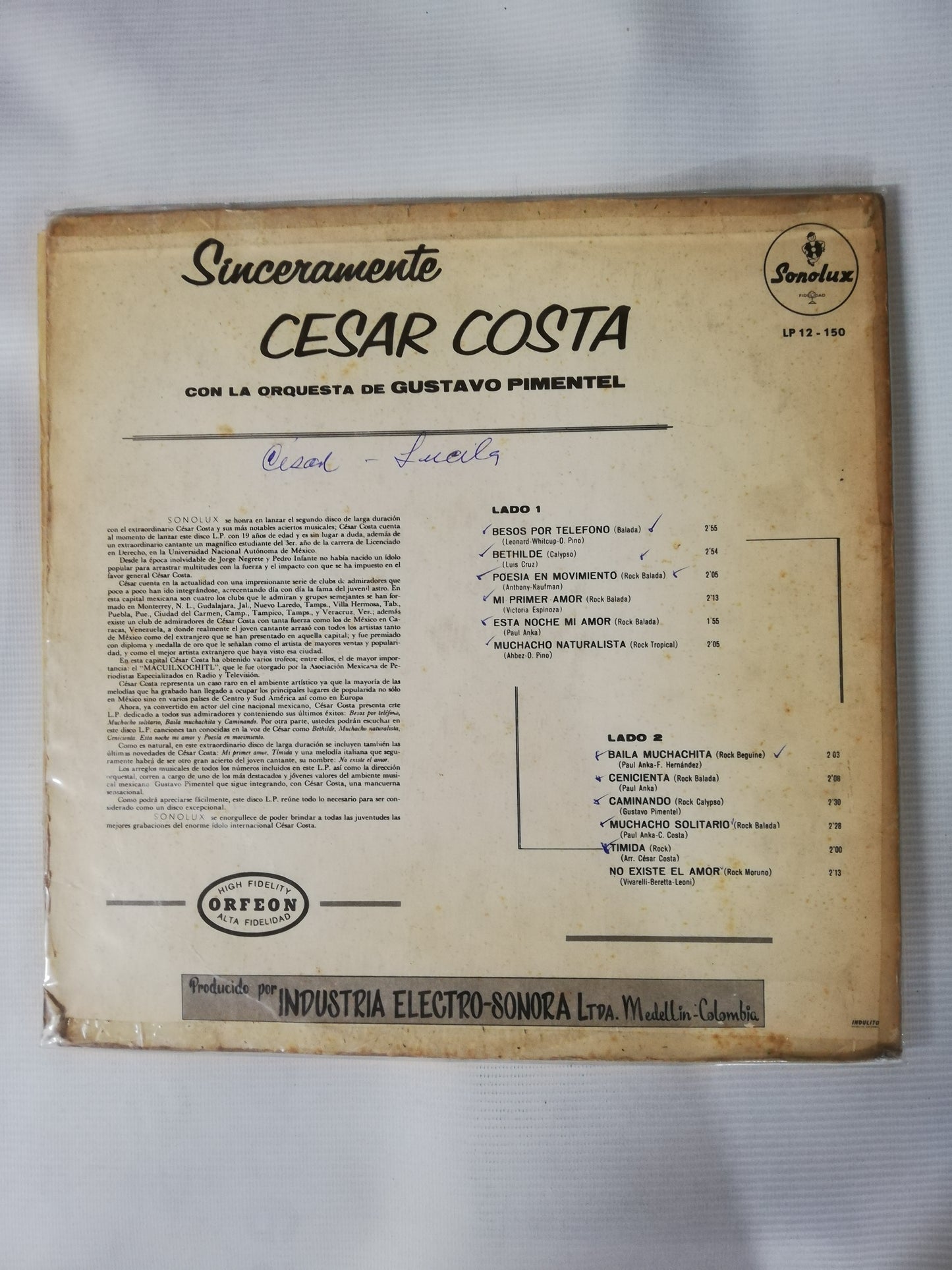 LP CESAR COSTA CON LA ORQUESTA DE GUSTAVO PIMENTEL - SINCERAMENTE CESAR COSTA