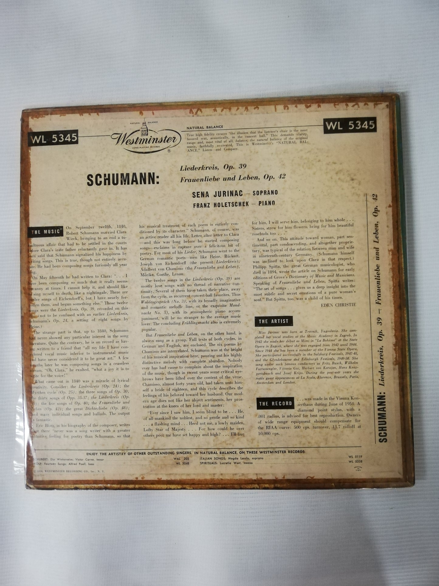 LP SENA JURINAC - SINGS SCHUMANN - FRANZ HOLESTSCHEK: PIANO