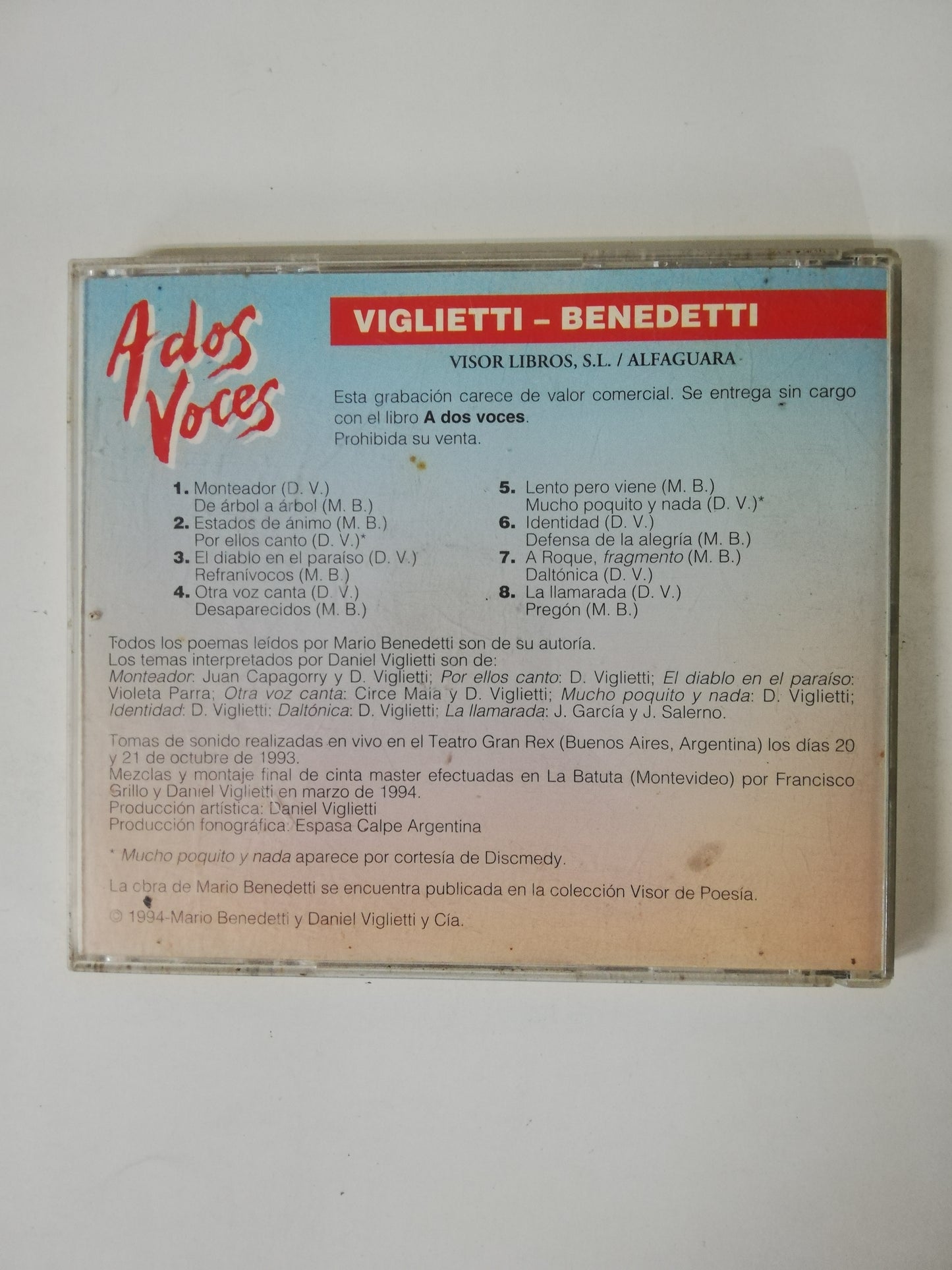 CD VIGILIETTI / BENEDETTI - A DOS VOCES - EN VIVO EN BUENOS AIRES 1993
