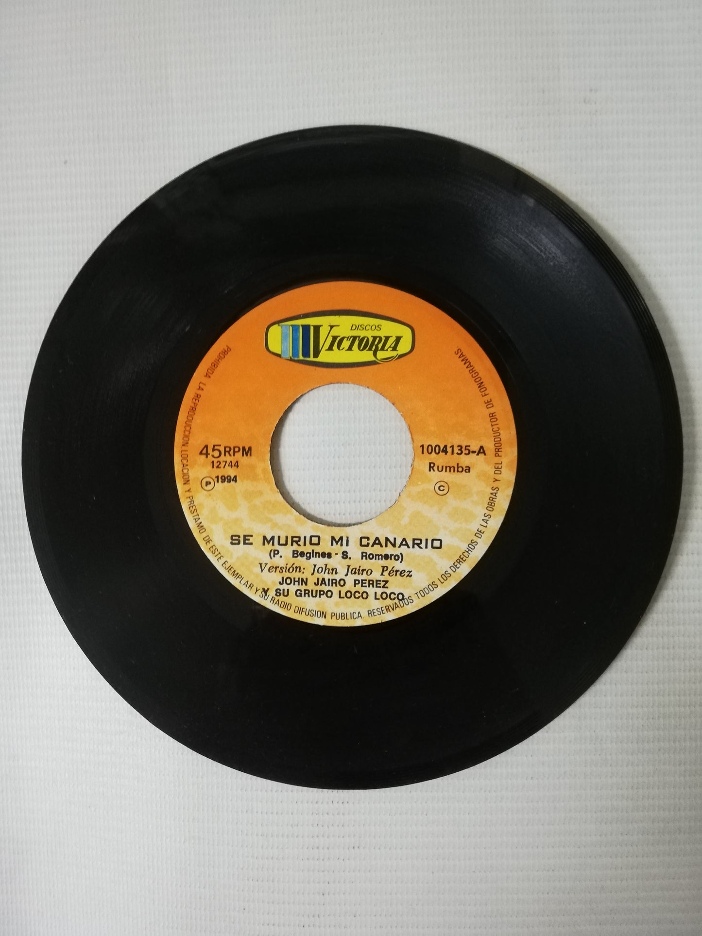 VINILO JOHN JAIRO PEREZ Y SU GRUPO LOCO LOCO - SE MURIO MI CANARIO / MILONGA CACHONA