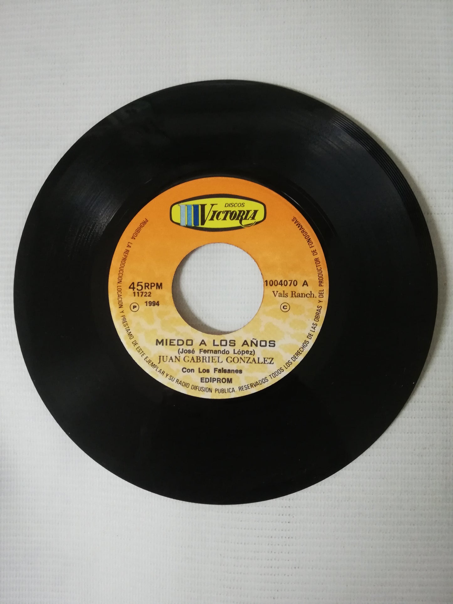 VINILO JUAN GABRIEL GONZALEZ CON LOS FAISANES - MIEDO A LOS AÑOS / AMOR ENVIDIADO