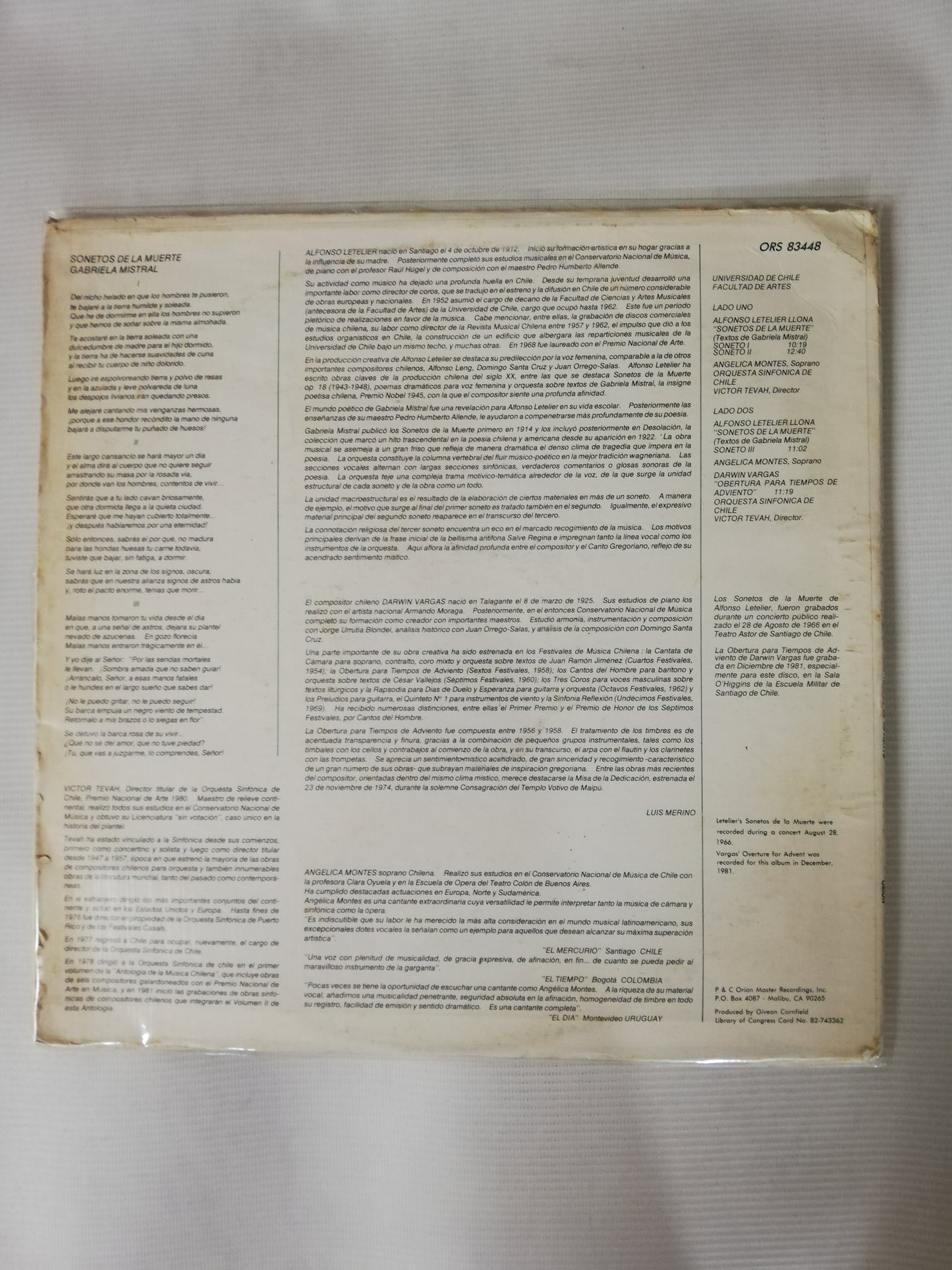 LP ALFONSO LETELIER / DARWIN VARGAS CON LA ORQUESTA SINFÓNICA DE CHILE - DIRECTOR: VICTOR TEVAH - SONETOS DE LA MUERTE DE GABRIELA MISTRAL