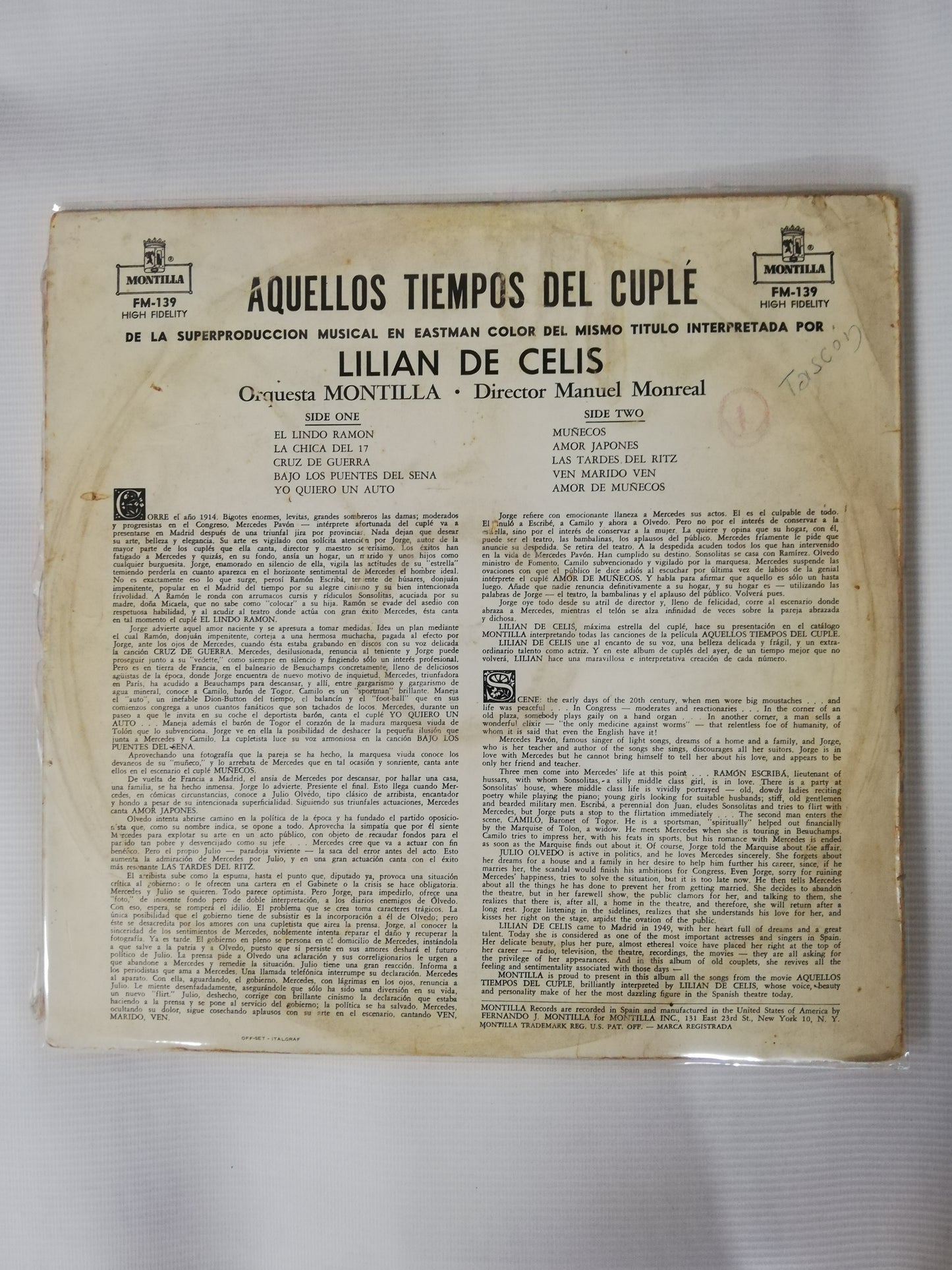 LP LILIAN DE CELIS - AQUELLOS TIEMPOS DEL CUPLÉ