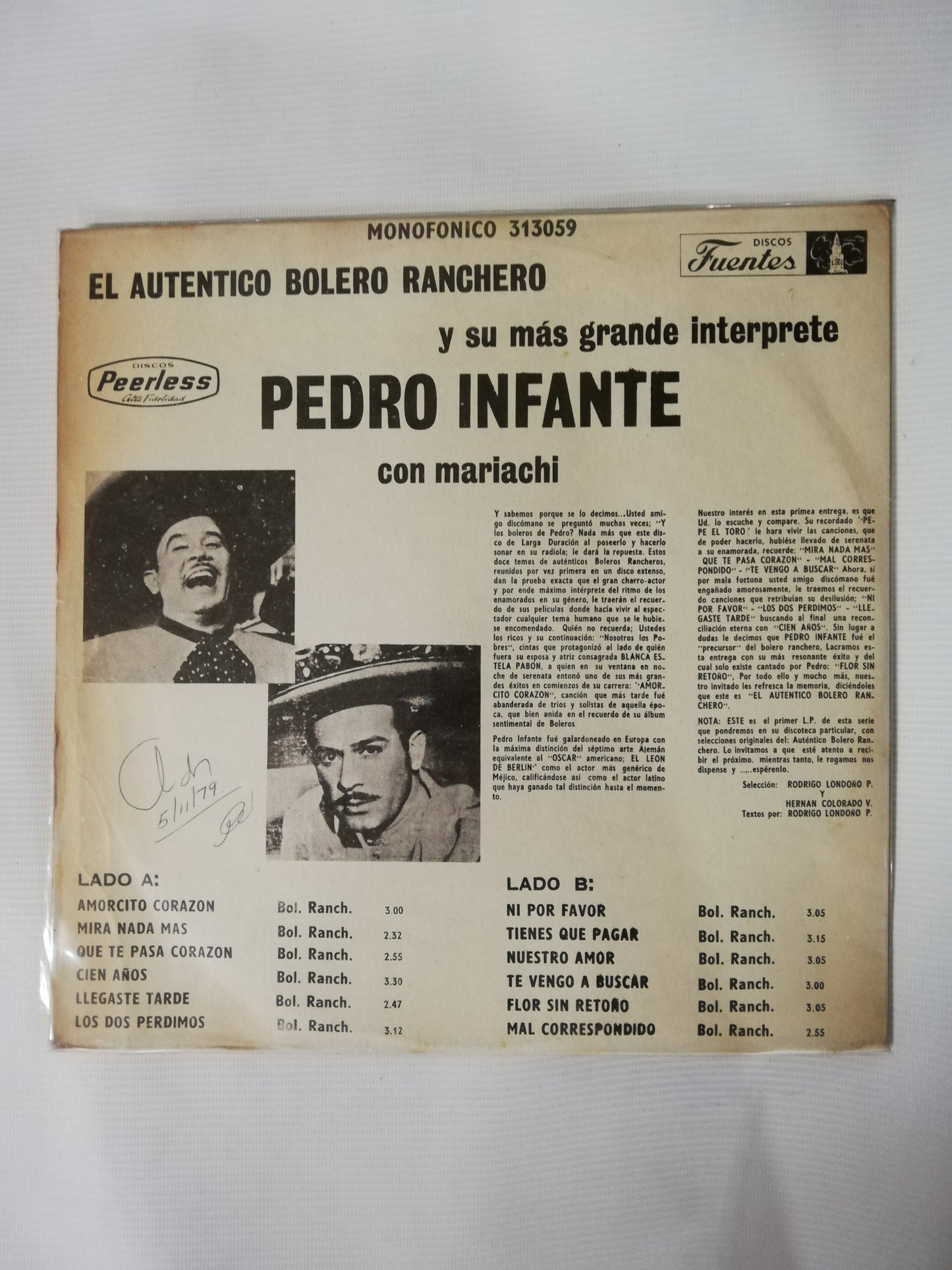 LP PEDRO INFANTE - EL AUTENTICO BOLERO RANCHERO Y SU MAS GRANDE INTÉRPRETE PEDRO INFANTE CON MARIACHI