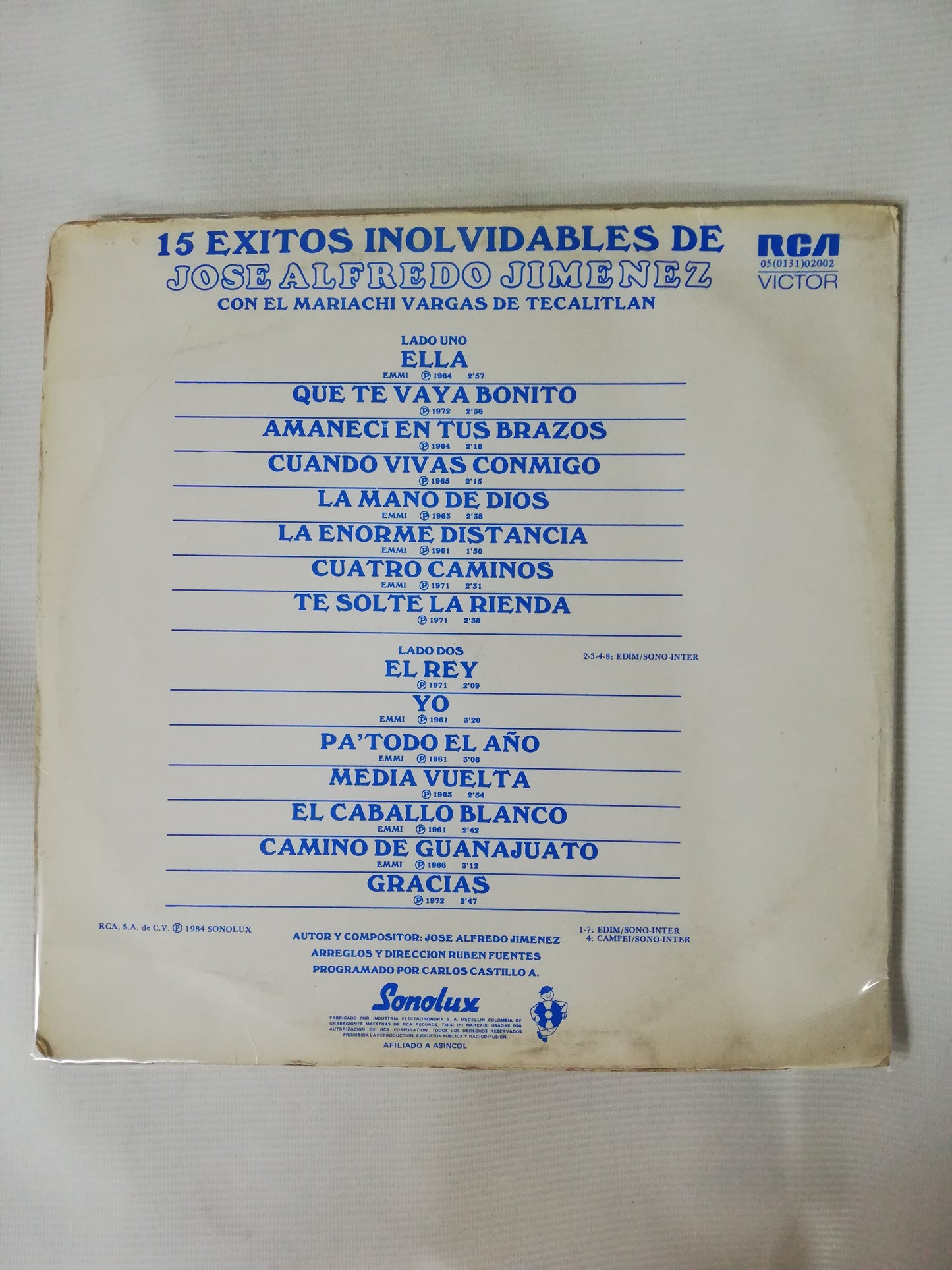 LP JOSÉ ALFREDO JIMENEZ CON EL MARIACHI VARGAS DE TECALITLAN - 15 EXITOS INOLVIDABLES