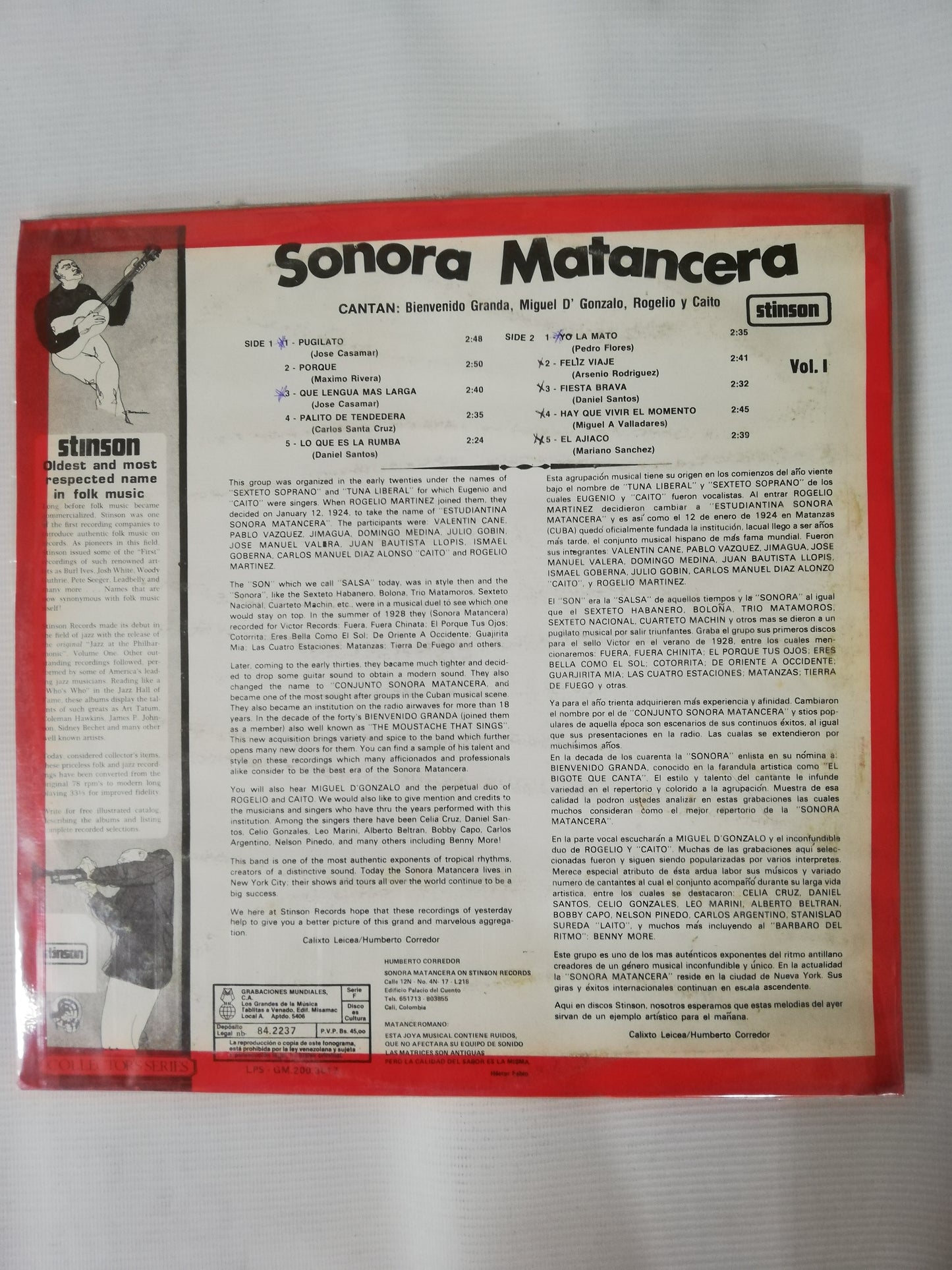 LP SONORA MATANCERA VOL. I - CANTA: BIENVENIDO GRANDA