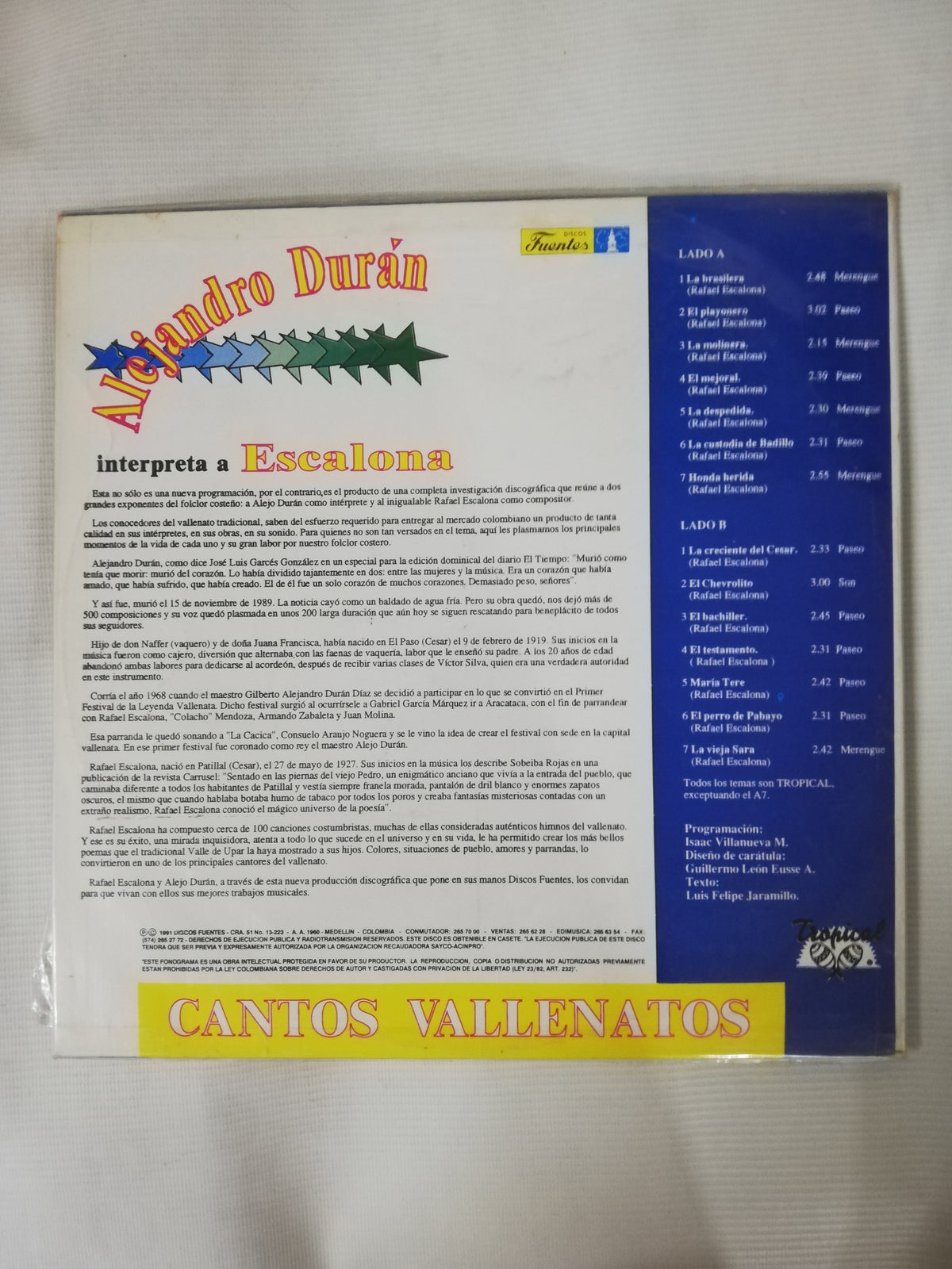 LP ALEJANDRO DURÁN - ALEJANDRO DURÁN INTERPRETA A ESCALONA CANTOS VALLENATOS