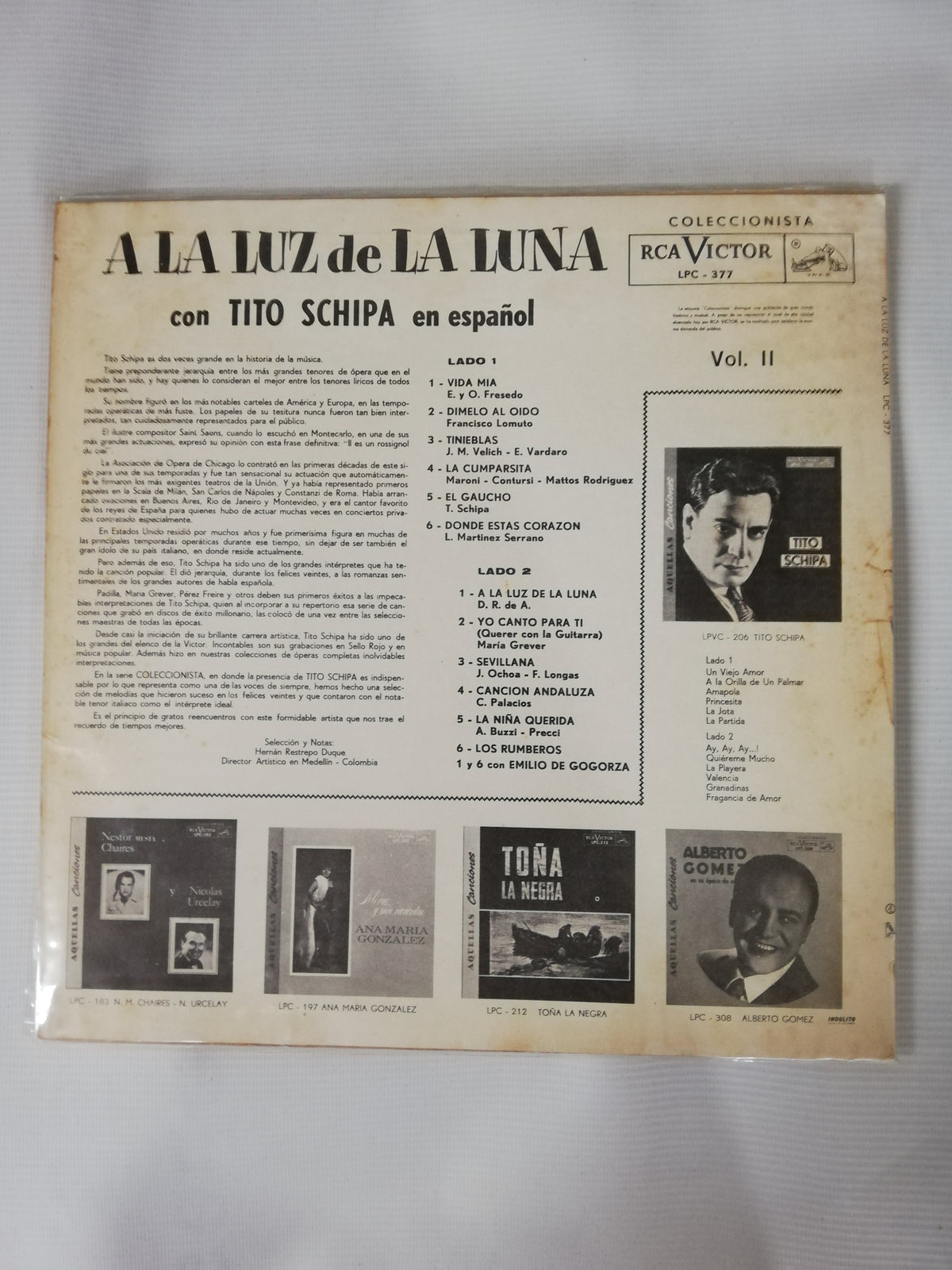 LP TITO SCHIPA - A LA LUZ DE LA LUNA CON TITO SCHIPA EN ESPAÑOL VOL. II