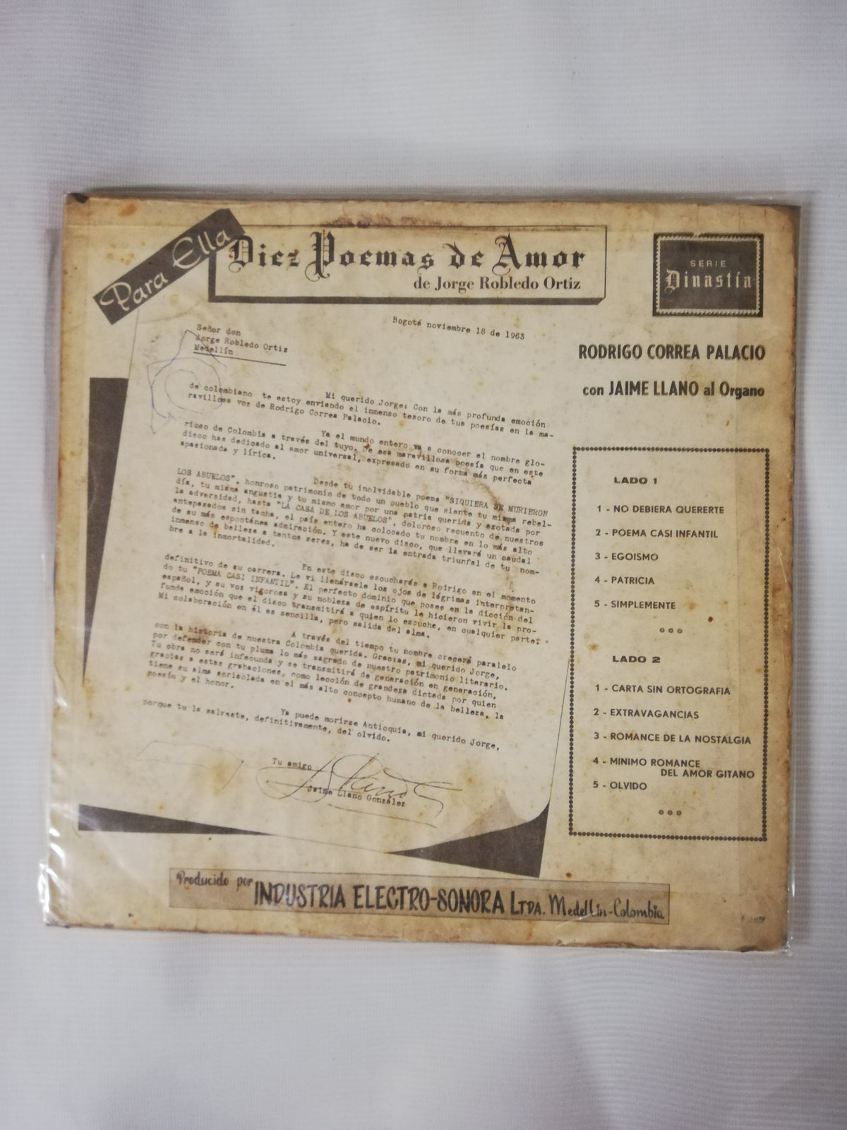 LP JORGE ROBLEDO ORTIZ CON RODRIGO CORREA Y JAIME LLANO GONZALEZ AL ORGANO - 10 POEMAS DE AMOR