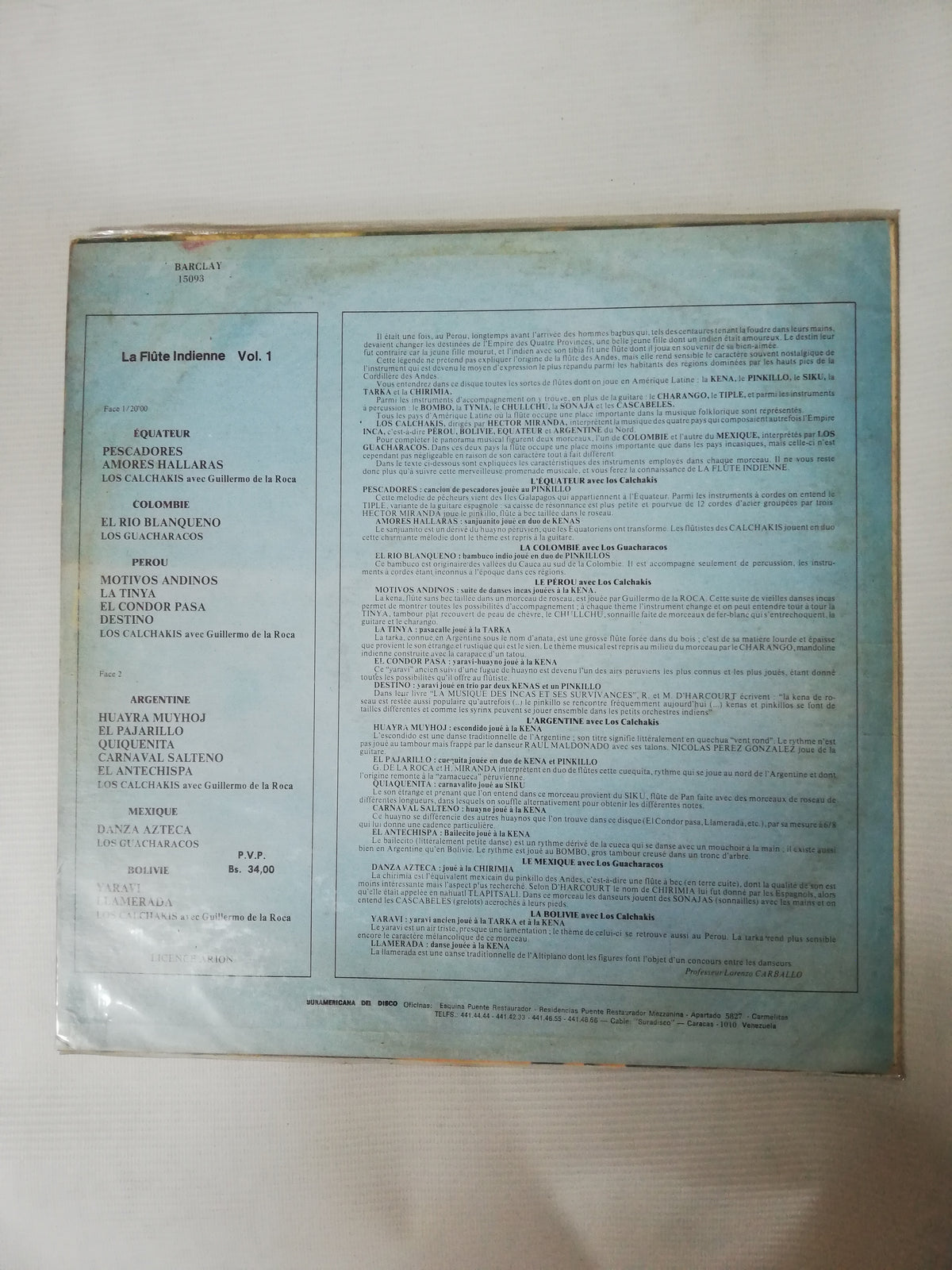 LP LOS CALCHAKIS AVEC GUILLERMO DE LA ROCA - LOS GUACHARACOS - LA FLUTE INDIENNE VOL. 1